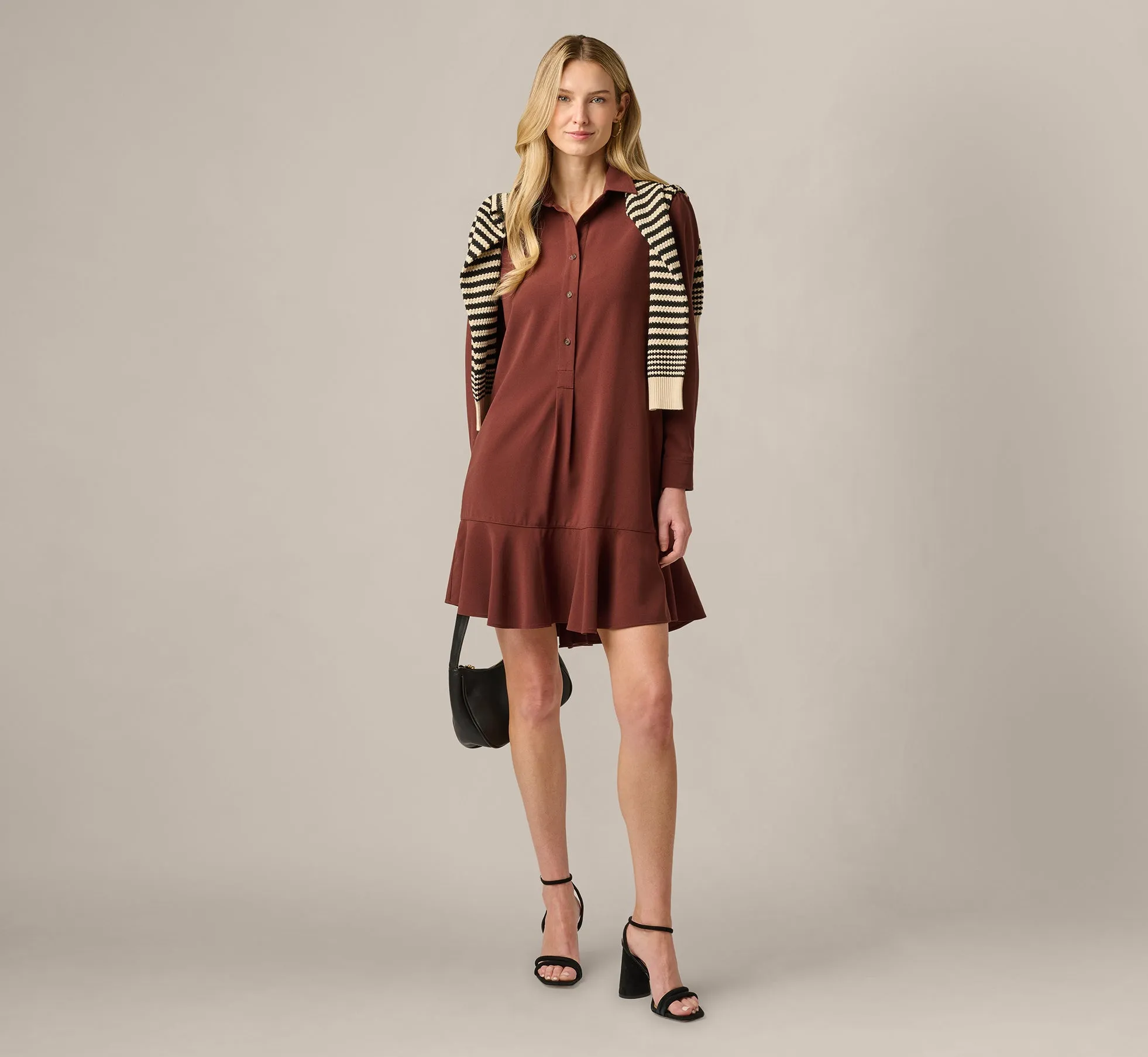 Long Sleeve Flounce Hem Hailey Dress In Chocolate sold by Adrianna Papell product image thumbnail 2
