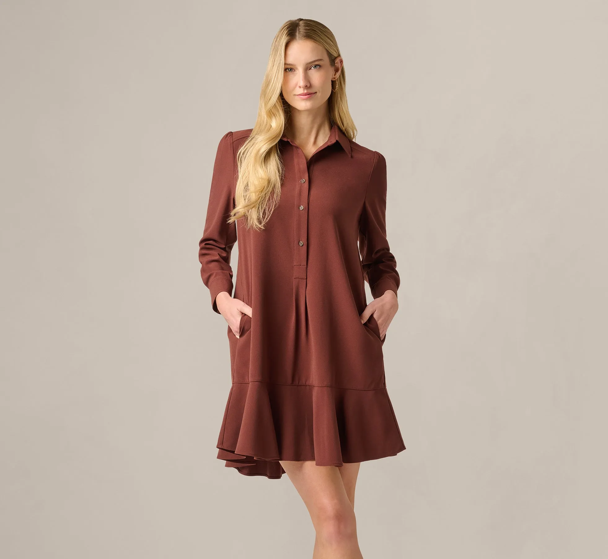 Long Sleeve Flounce Hem Hailey Dress In Chocolate sold by Adrianna Papell product image thumbnail 3