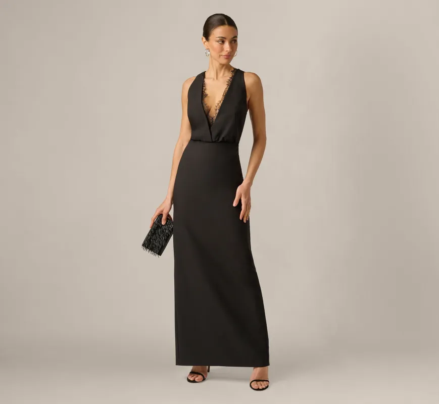 Blouson Lace Trim Plunge Gown In Black made by Adrianna Papell