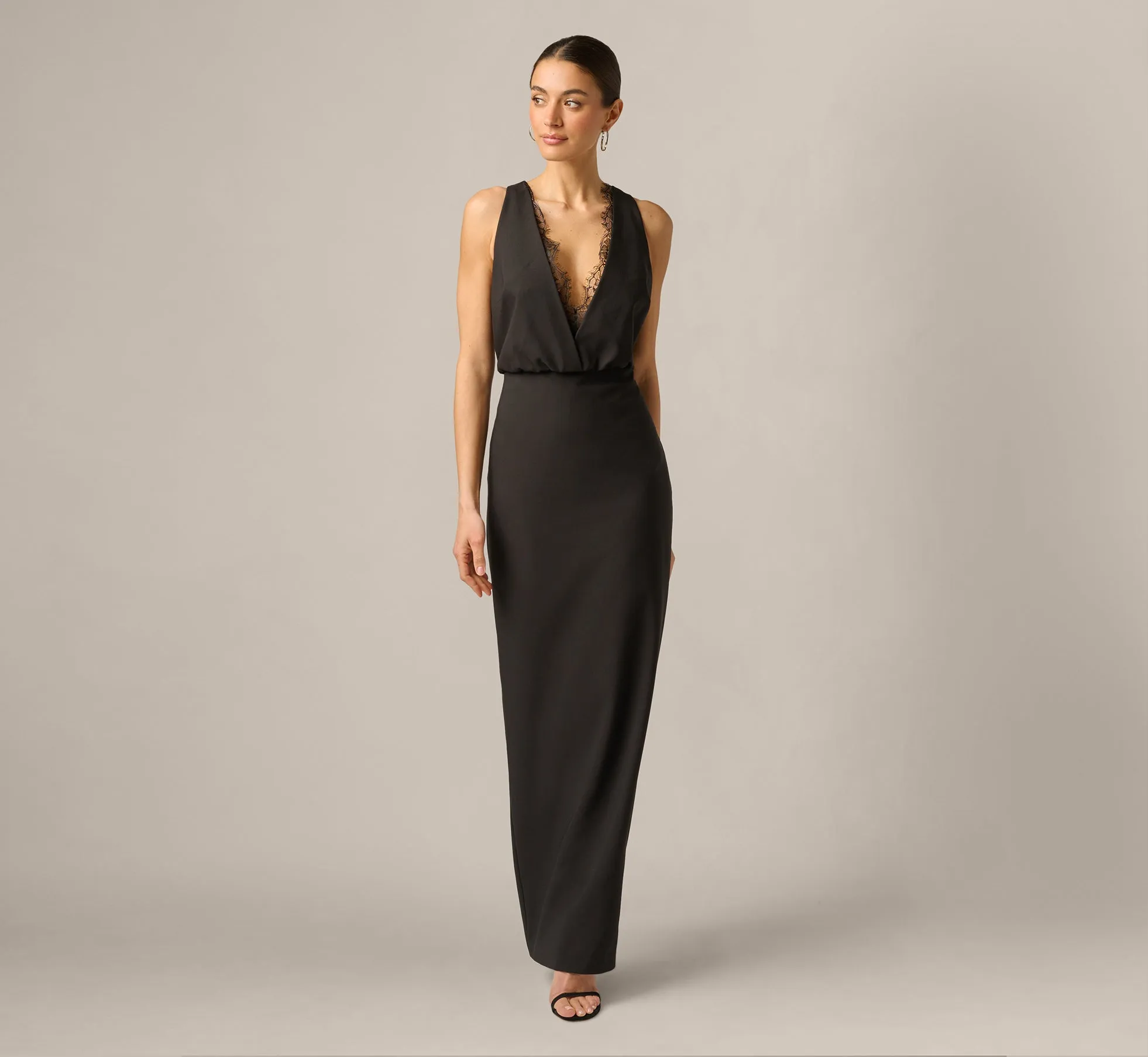 Blouson Lace Trim Plunge Gown In Black sold by Adrianna Papell product image thumbnail 2