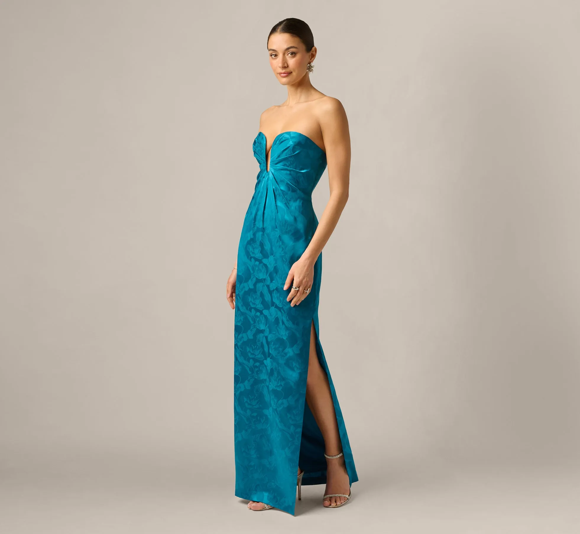 Strapless Floral Jacquard Plunge Gown In Peacock sold by Adrianna Papell