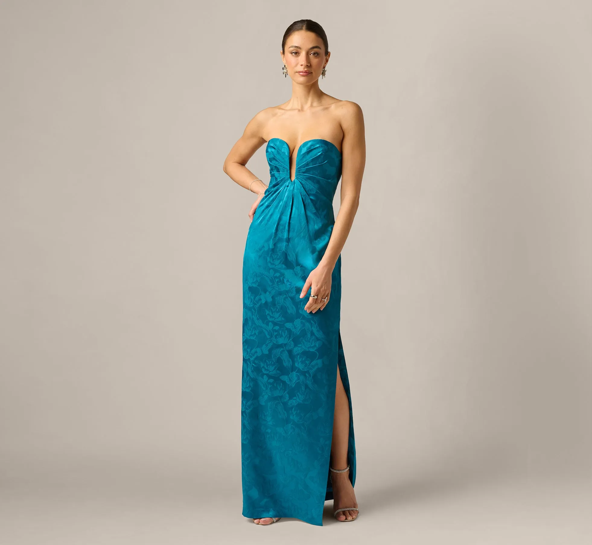 Strapless Floral Jacquard Plunge Gown In Peacock sold by Adrianna Papell product image thumbnail 2