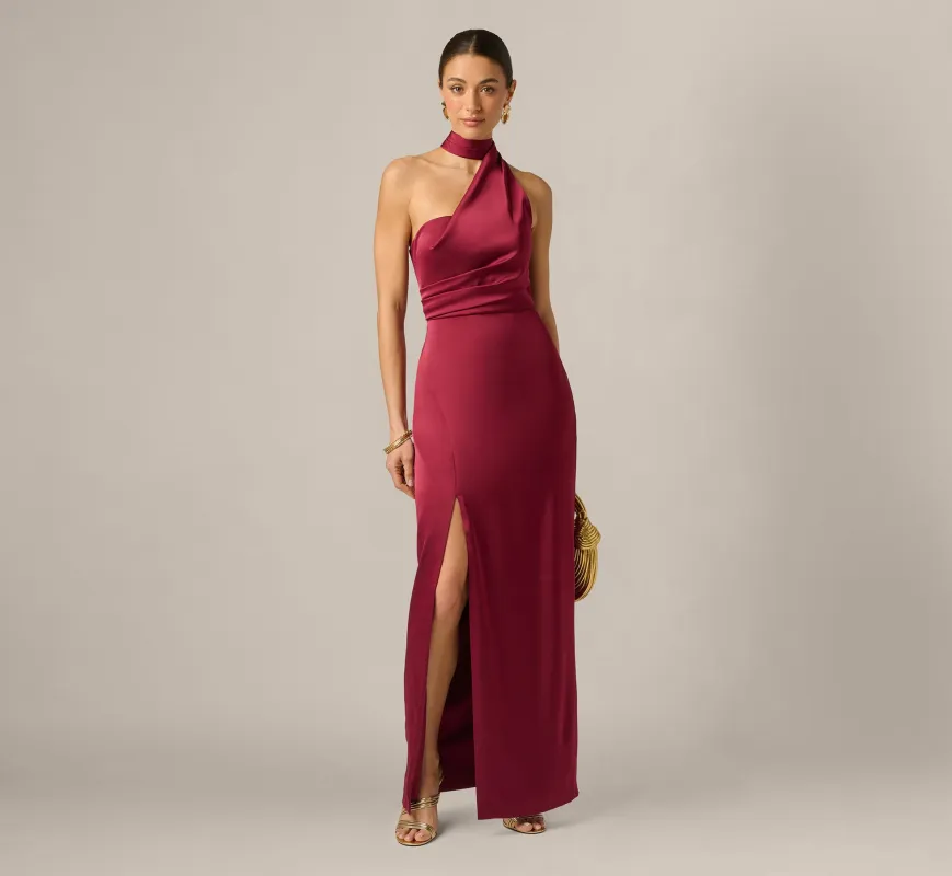 Stretch Satin Asymmetrical Halter Gown In Crimson Haze made by Adrianna Papell