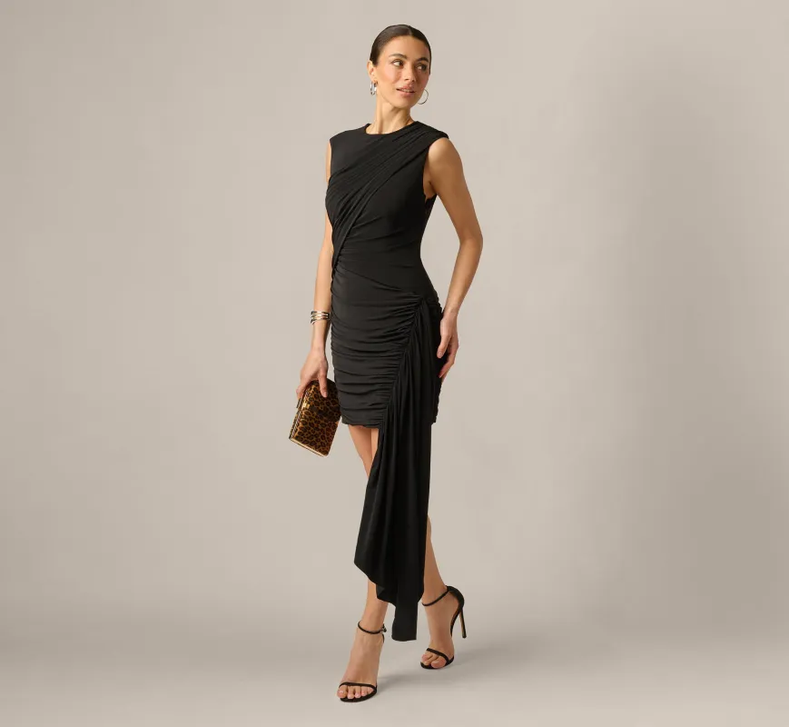 Stretch Jersey Asymmetrical Draped Mini Dress In Black made by Adrianna Papell
