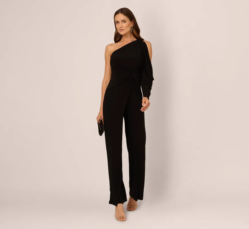 One Shoulder Split Sleeve Jersey Jumpsuit In Black made by Adrianna Papell