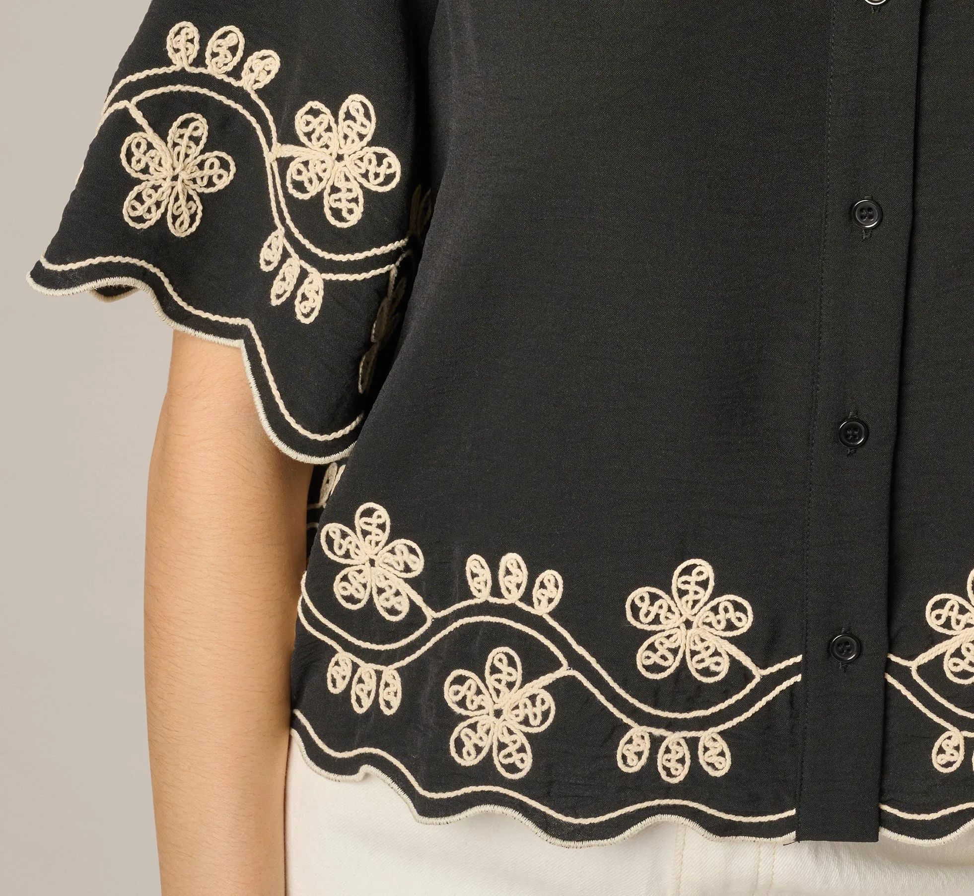 Short Sleeve Scalloped Floral Embroidery Blouse In Black Ivory sold by Adrianna Papell product image thumbnail 4