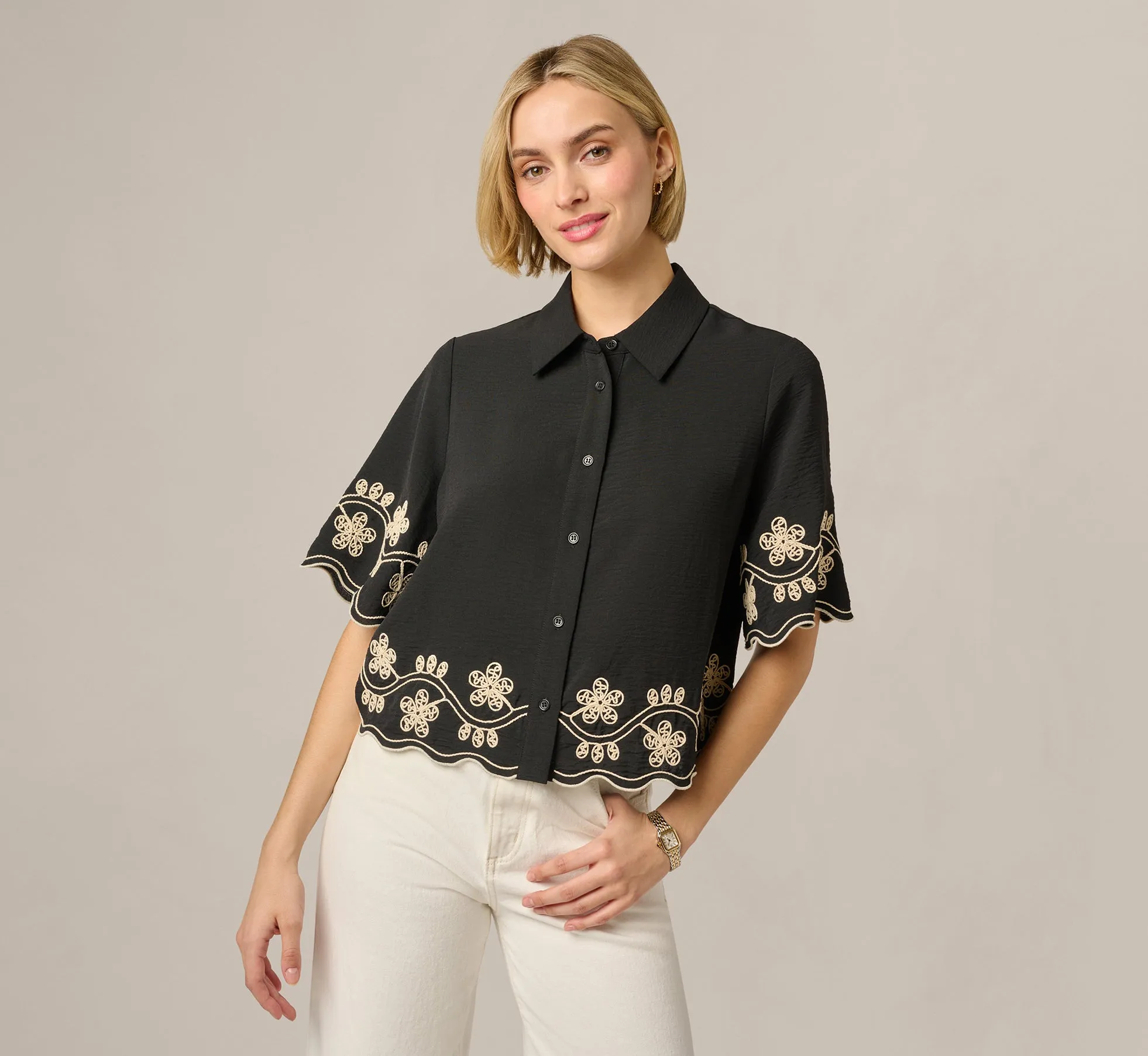 Short Sleeve Scalloped Floral Embroidery Blouse In Black Ivory sold by Adrianna Papell