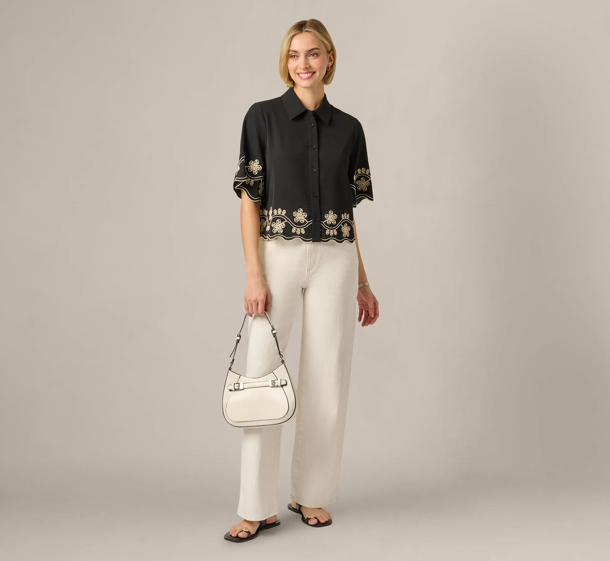 Short Sleeve Scalloped Floral Embroidery Blouse In Black Ivory sold by Adrianna Papell product image thumbnail 2