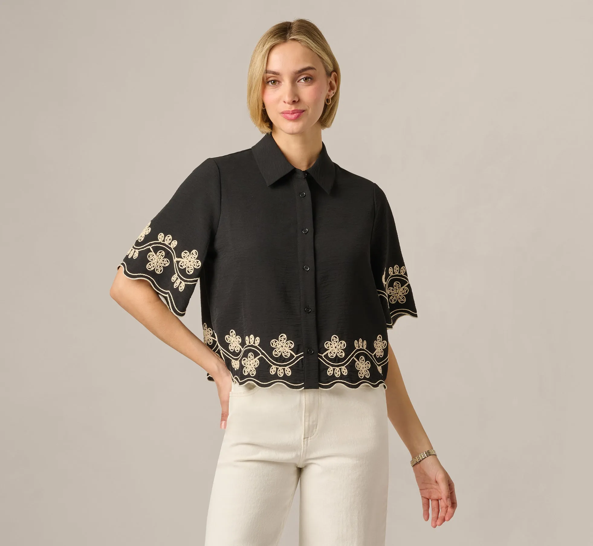 Short Sleeve Scalloped Floral Embroidery Blouse In Black Ivory sold by Adrianna Papell product image thumbnail 3