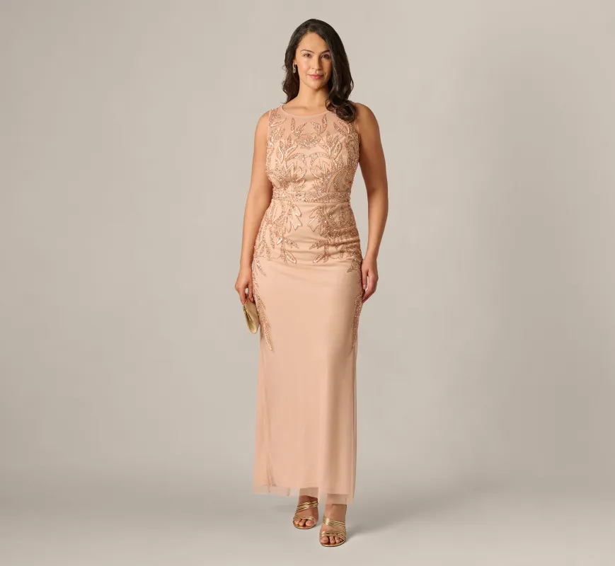 Plus Size Adrianna Papell Hand-Beaded Sleeveless Slim Column Gown In Rose Gold made by Adrianna Papell