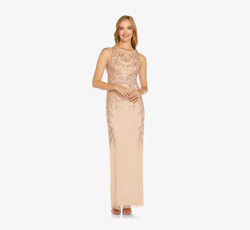 Adrianna Papell Hand-Beaded Sleeveless Slim Column Gown In Rose Gold made by Adrianna Papell