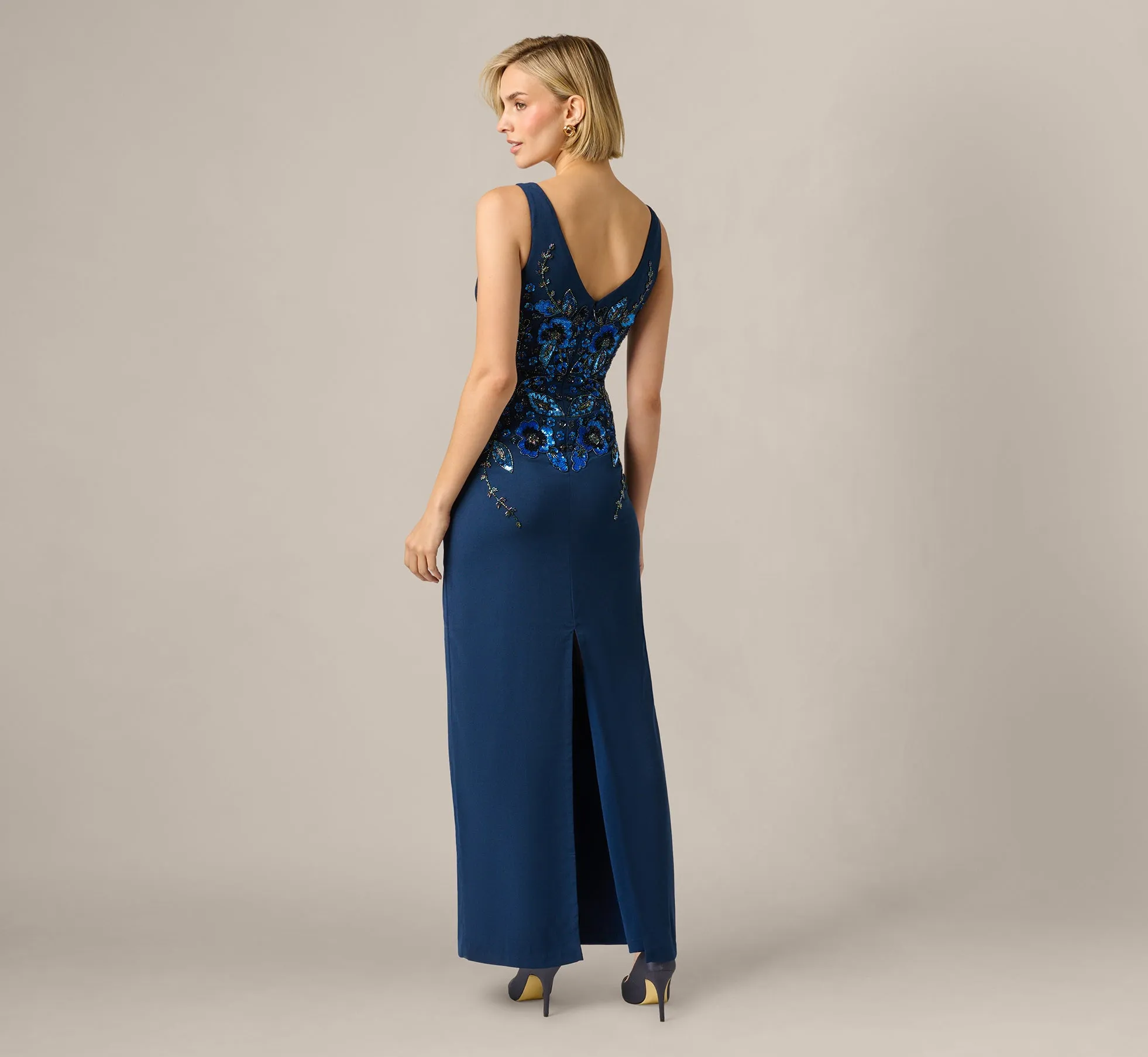 Pansy Floral Beaded Stretch Crepe Gown In Light Navy sold by Adrianna Papell product image thumbnail 5