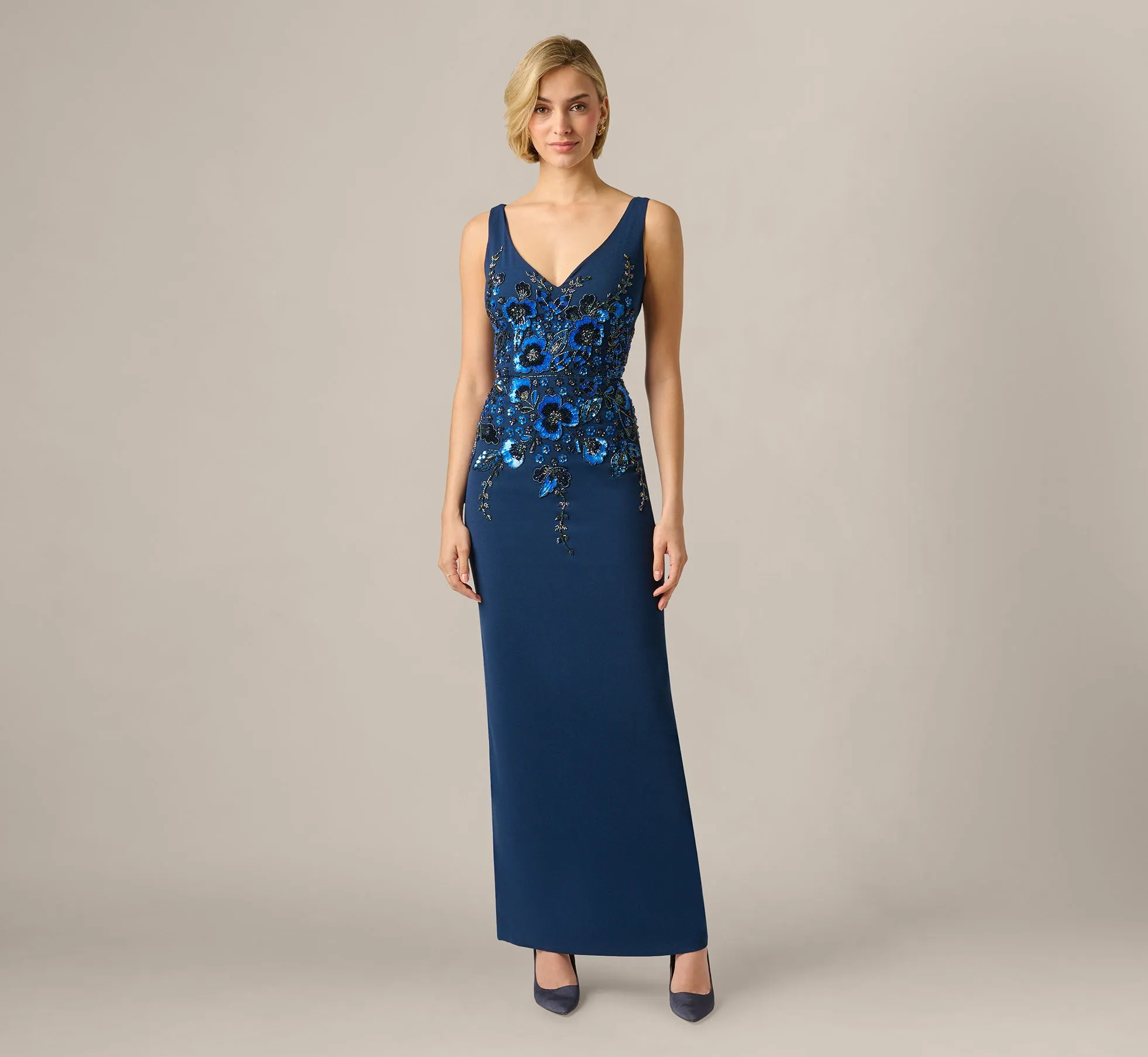 Pansy Floral Beaded Stretch Crepe Gown In Light Navy sold by Adrianna Papell product image thumbnail 2