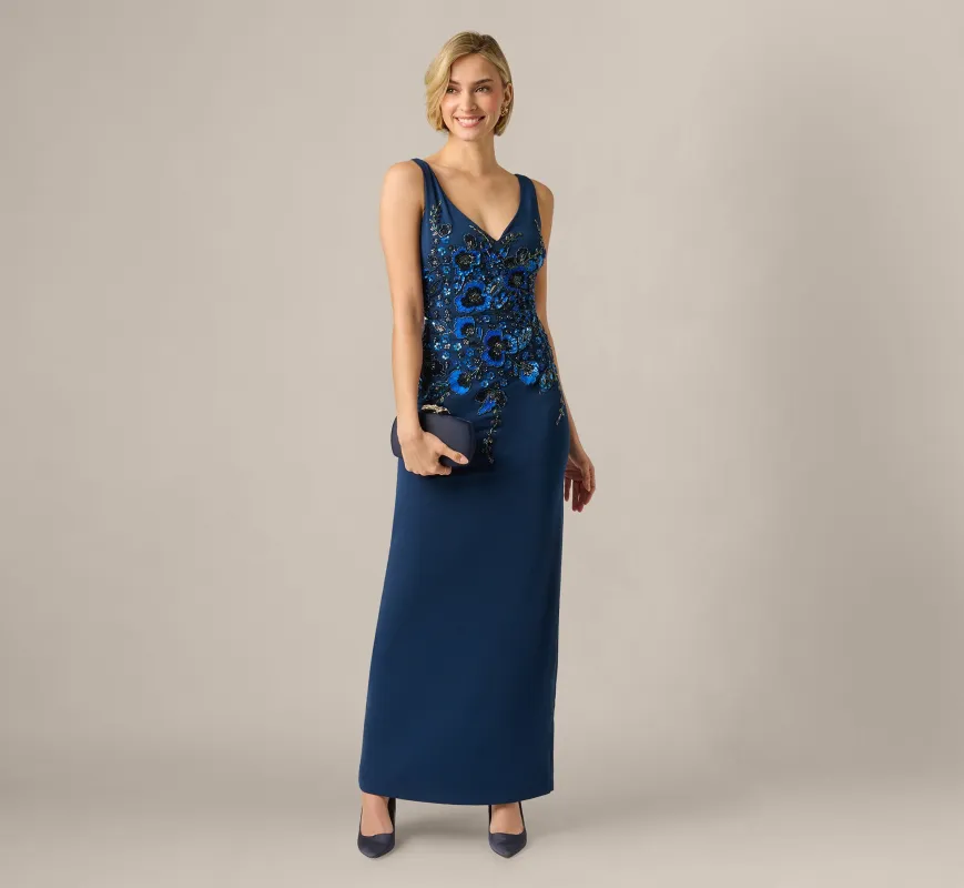 Pansy Floral Beaded Stretch Crepe Gown In Light Navy made by Adrianna Papell
