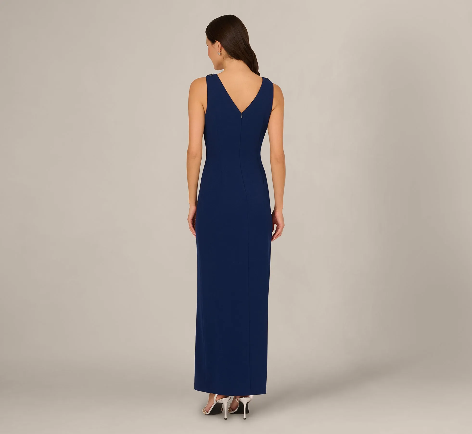 V Neck Beaded Ruffle Column Gown In Navy Sateen sold by Adrianna Papell product image thumbnail 5