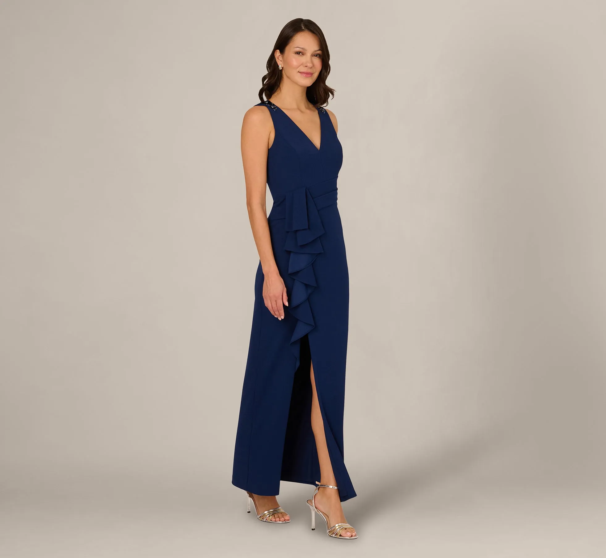 V Neck Beaded Ruffle Column Gown In Navy Sateen sold by Adrianna Papell product image thumbnail 2
