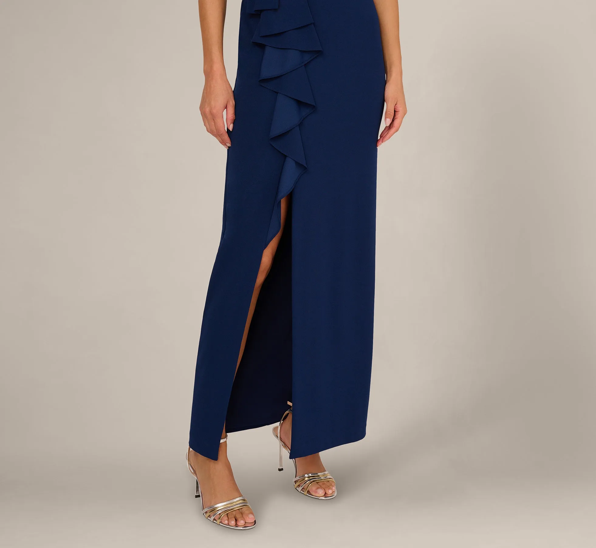 V Neck Beaded Ruffle Column Gown In Navy Sateen sold by Adrianna Papell product image thumbnail 3