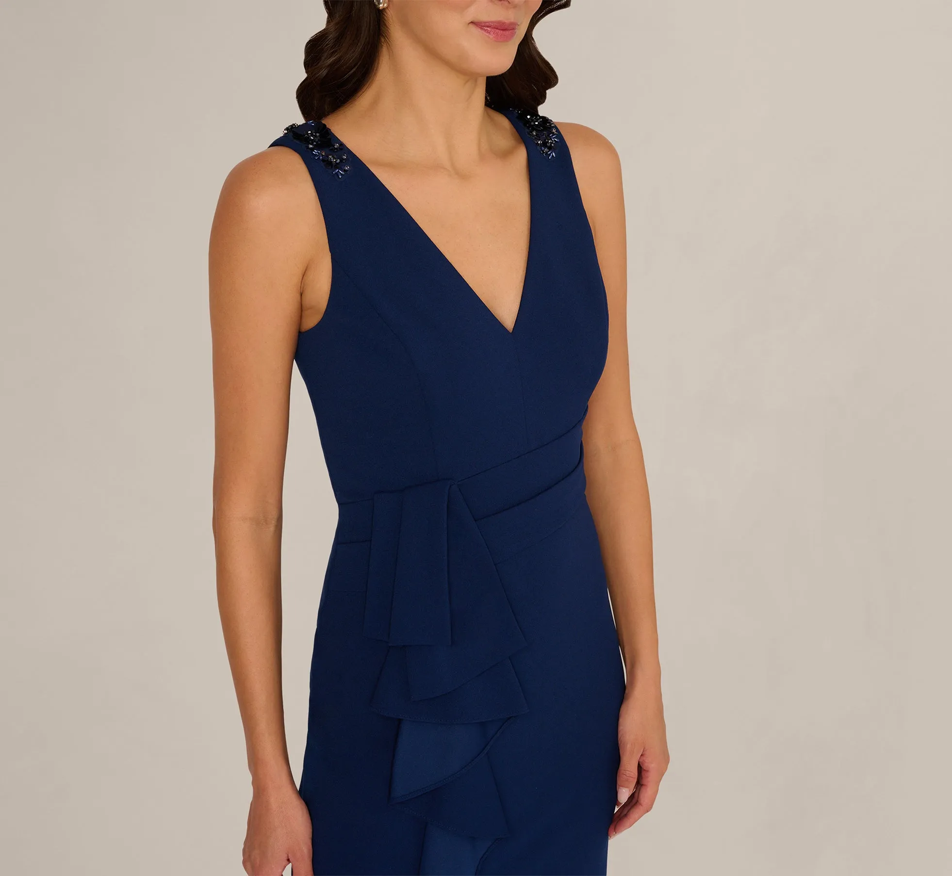 V Neck Beaded Ruffle Column Gown In Navy Sateen sold by Adrianna Papell product image thumbnail 4