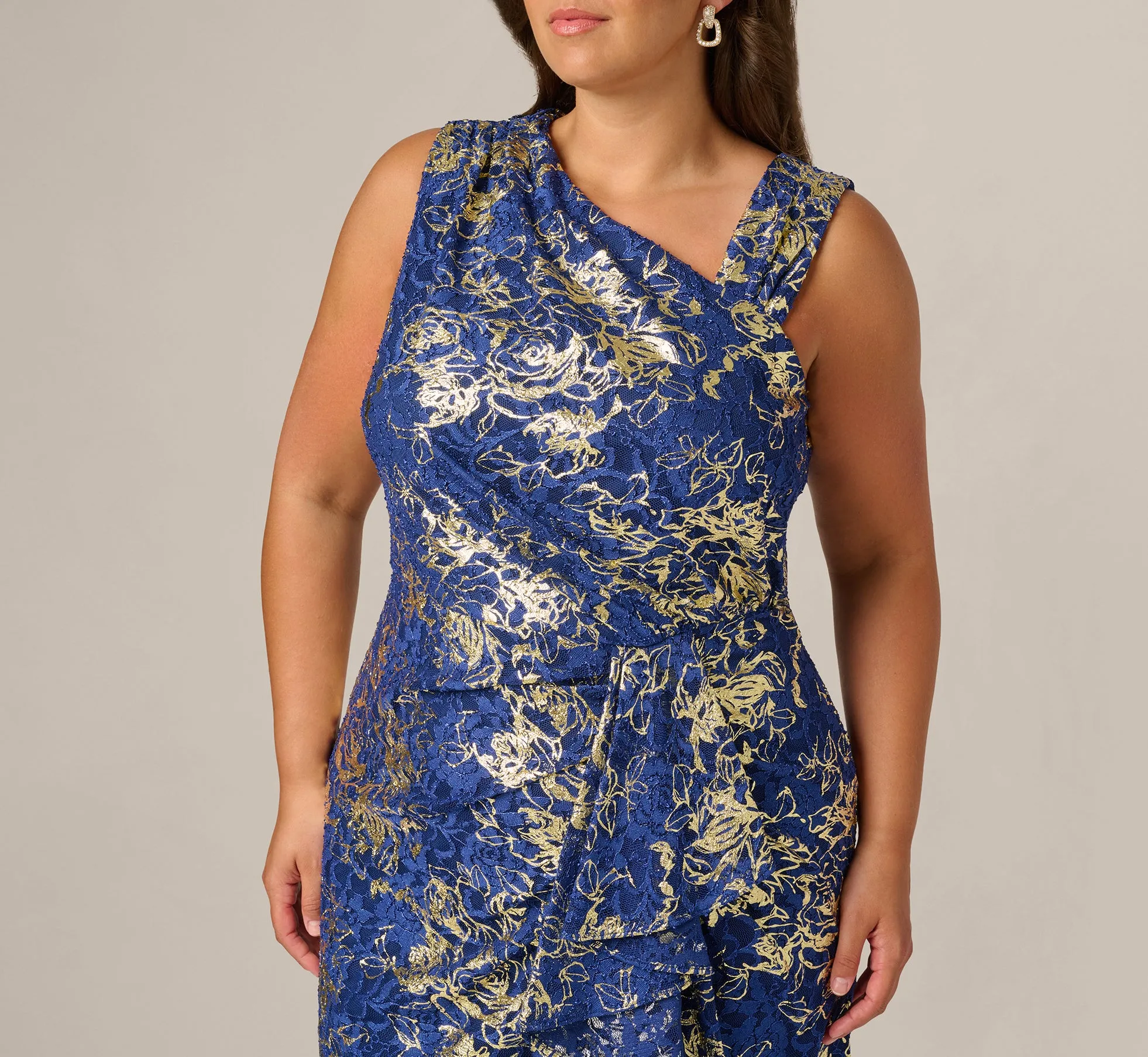 Plus Size Asymmetrical Draped Stretch Metallic Lace Gown In Navy Gold sold by Adrianna Papell product image thumbnail 4