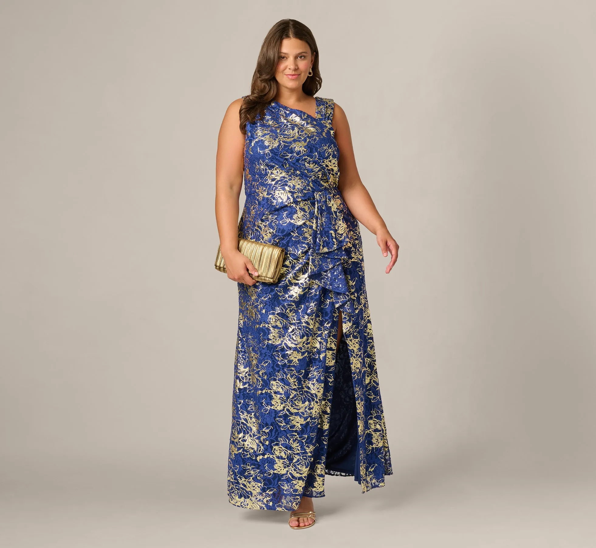 Plus Size Asymmetrical Draped Stretch Metallic Lace Gown In Navy Gold sold by Adrianna Papell