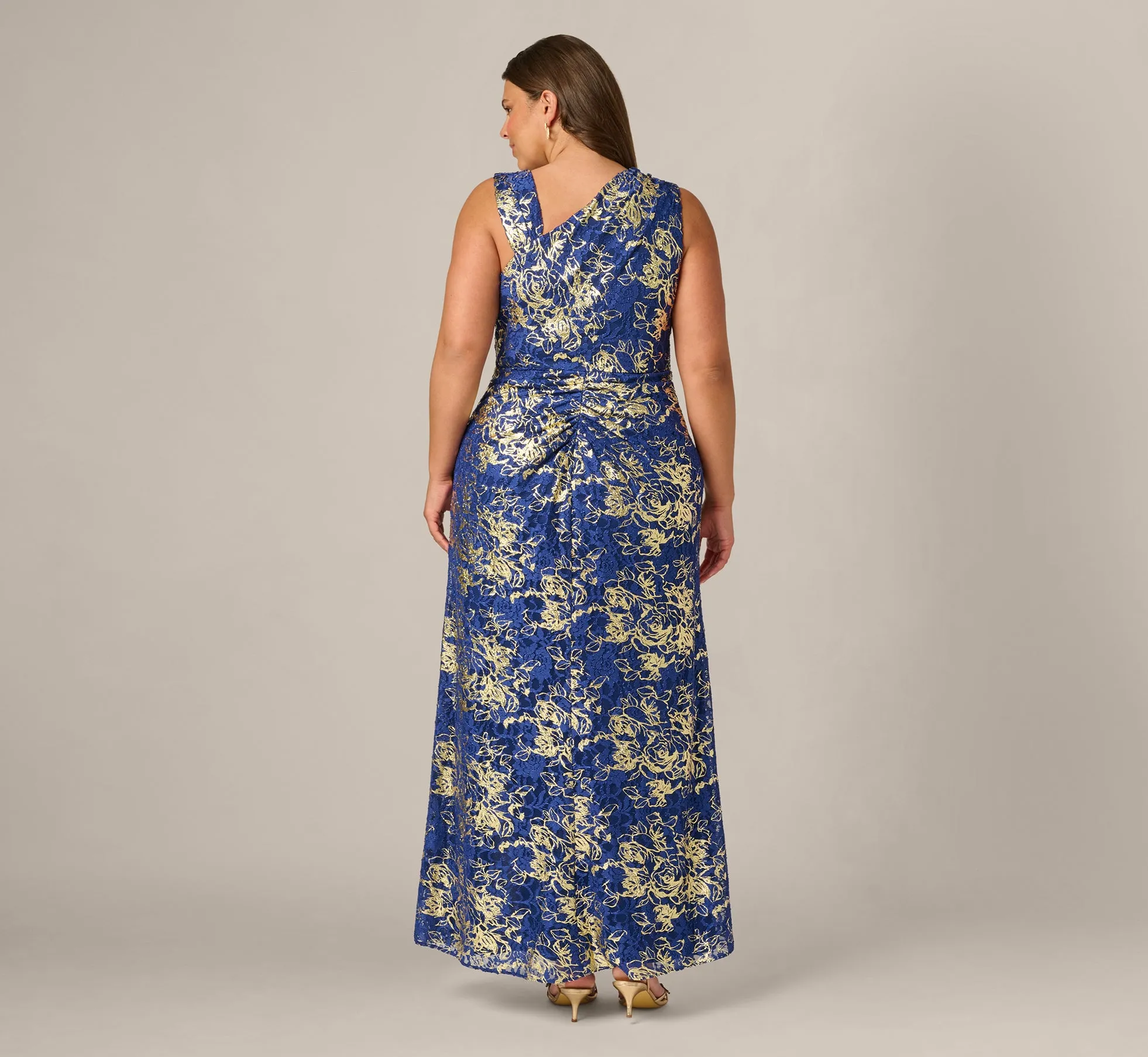 Plus Size Asymmetrical Draped Stretch Metallic Lace Gown In Navy Gold sold by Adrianna Papell product image thumbnail 5