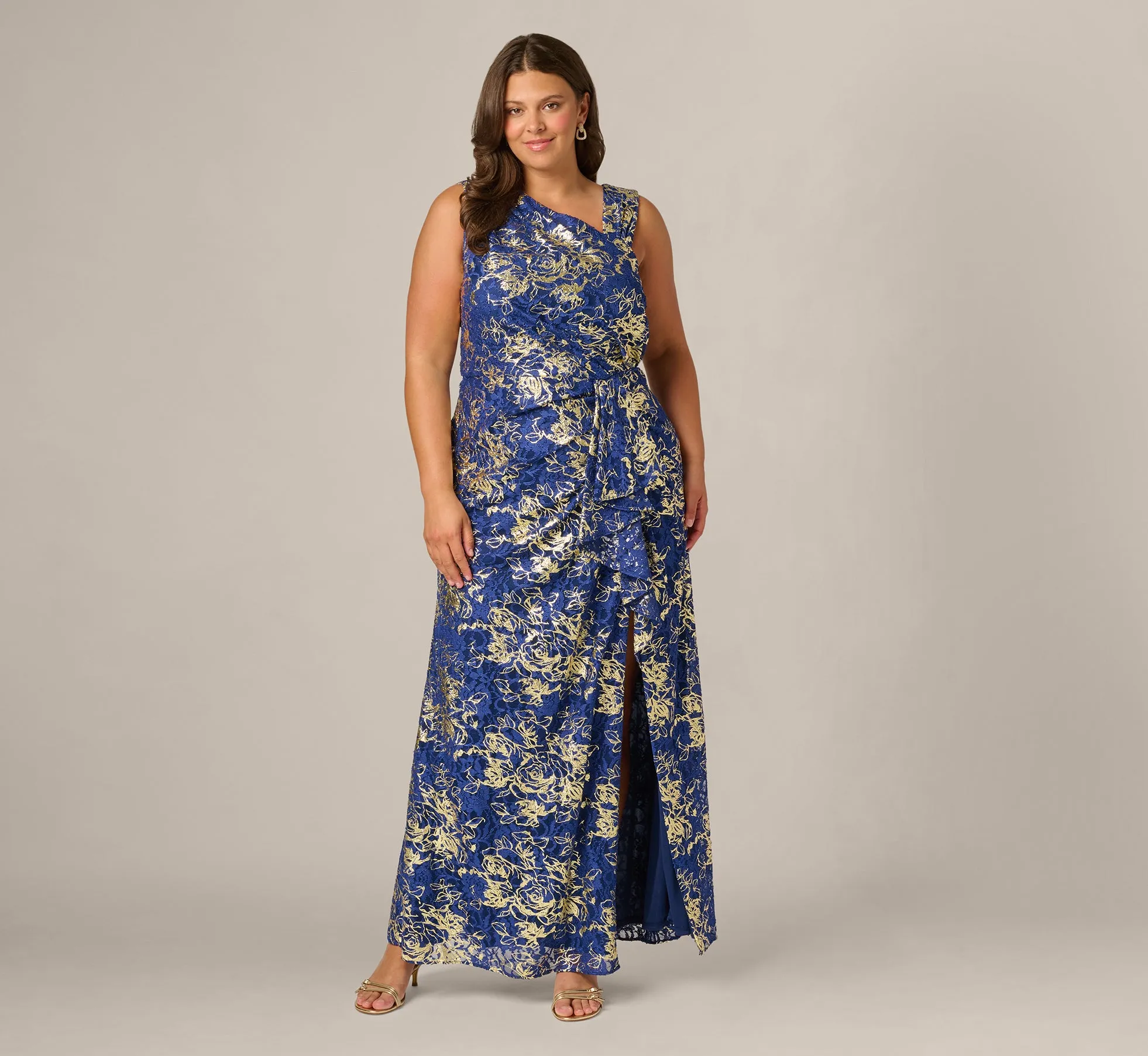 Plus Size Asymmetrical Draped Stretch Metallic Lace Gown In Navy Gold sold by Adrianna Papell product image thumbnail 2