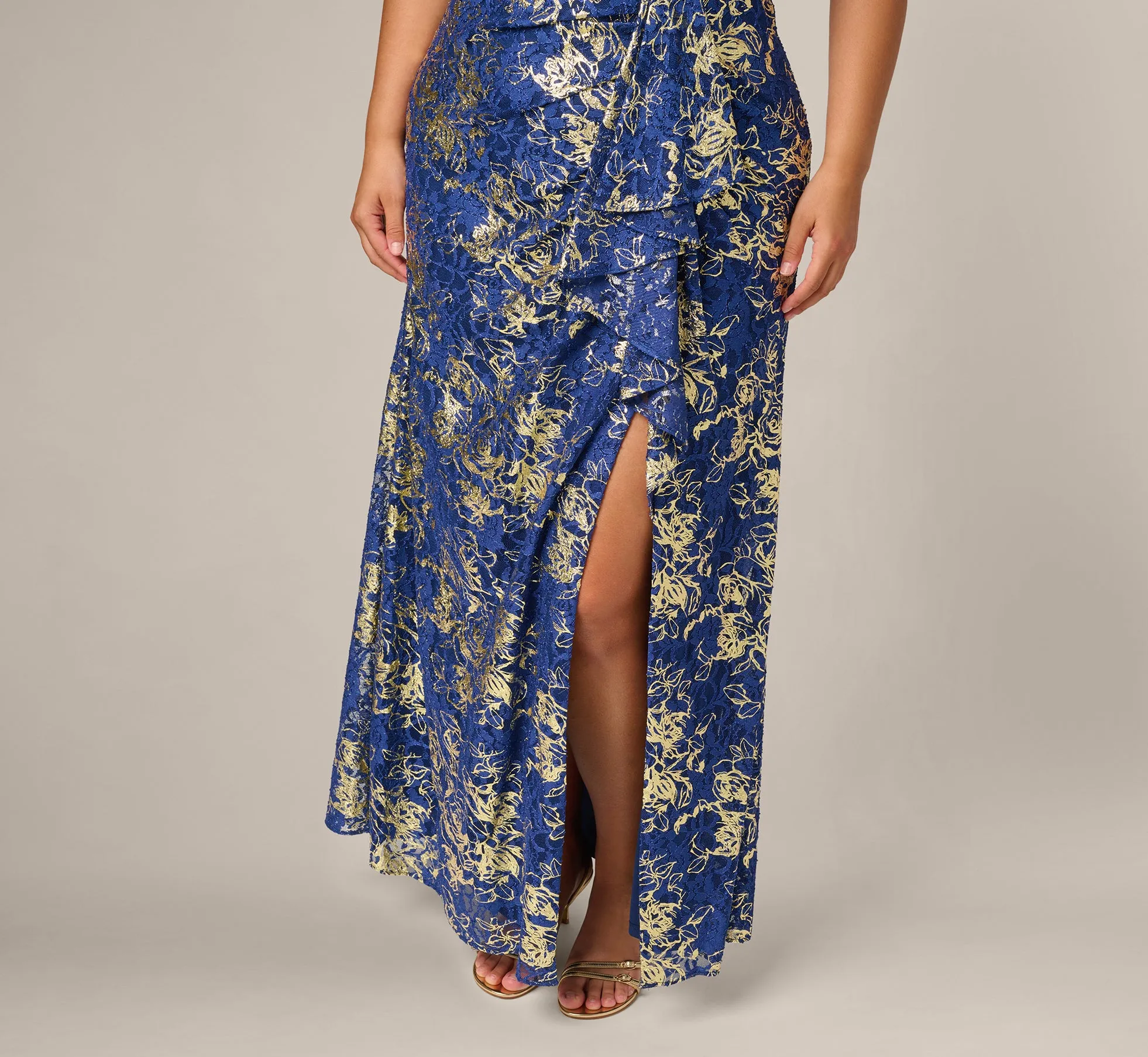 Plus Size Asymmetrical Draped Stretch Metallic Lace Gown In Navy Gold sold by Adrianna Papell product image thumbnail 3