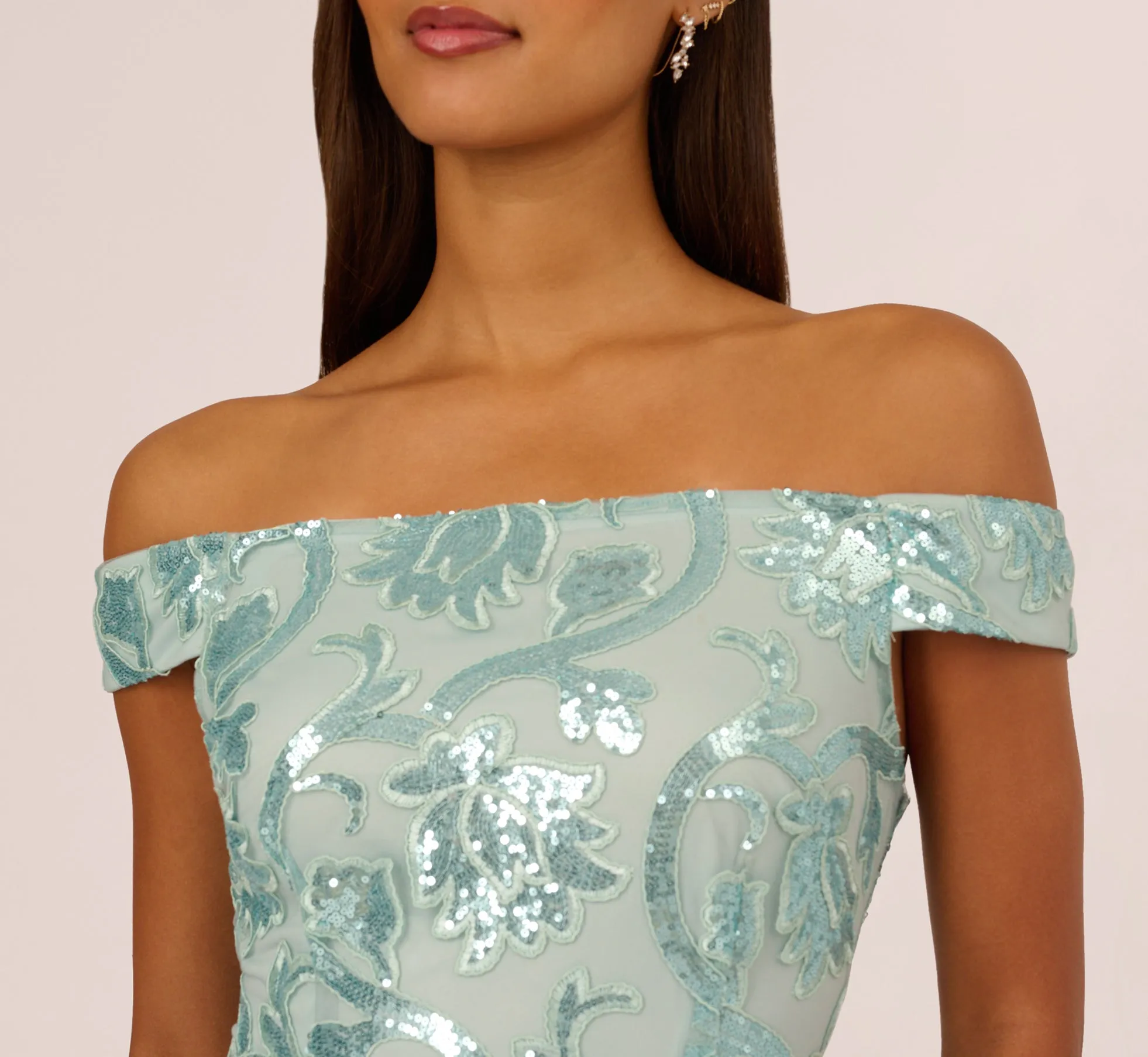 Off Shoulder Sequin Sheath Dress In Aqua Dust sold by Adrianna Papell product image thumbnail 3