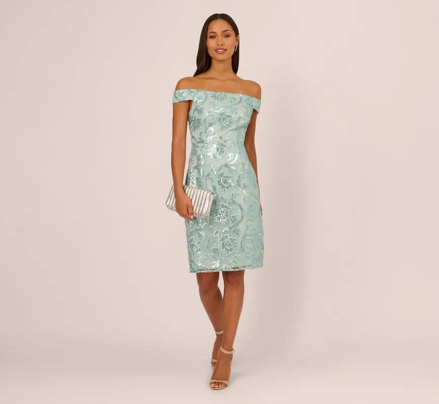 Off Shoulder Sequin Sheath Dress In Aqua Dust made by Adrianna Papell