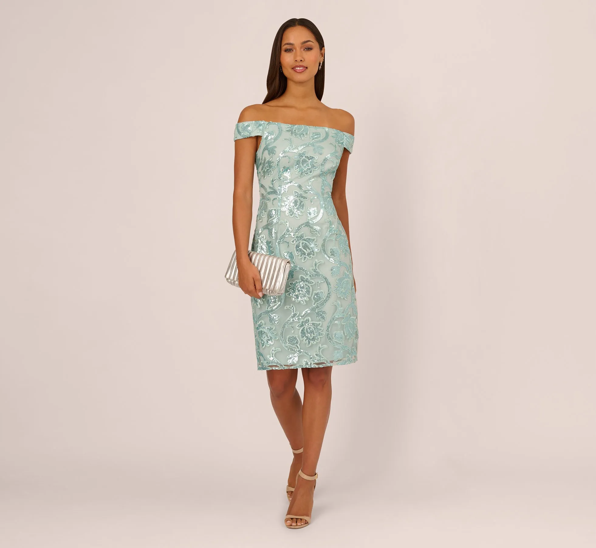 Off Shoulder Sequin Sheath Dress In Aqua Dust sold by Adrianna Papell