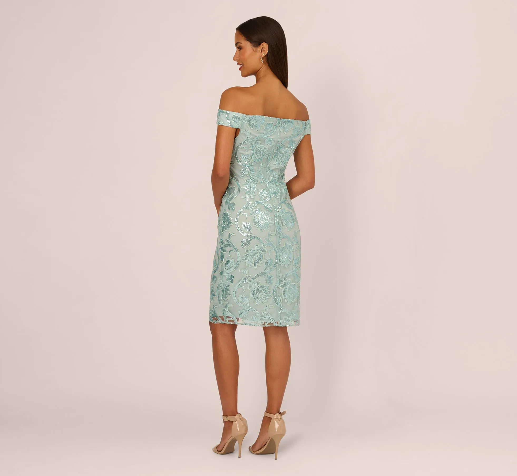 Off Shoulder Sequin Sheath Dress In Aqua Dust sold by Adrianna Papell product image thumbnail 5