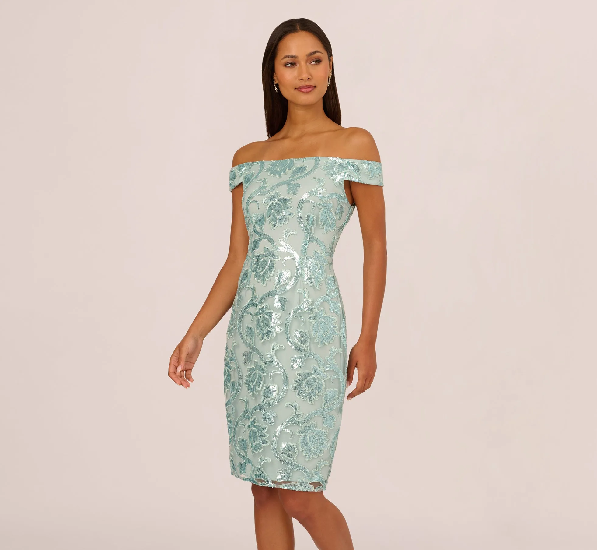 Off Shoulder Sequin Sheath Dress In Aqua Dust sold by Adrianna Papell product image thumbnail 2