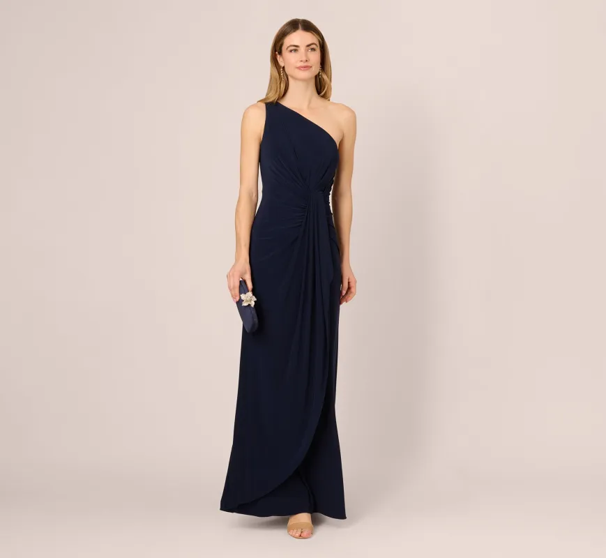 One Shoulder Dress With Draped Waist Detail In Midnight made by Adrianna Papell