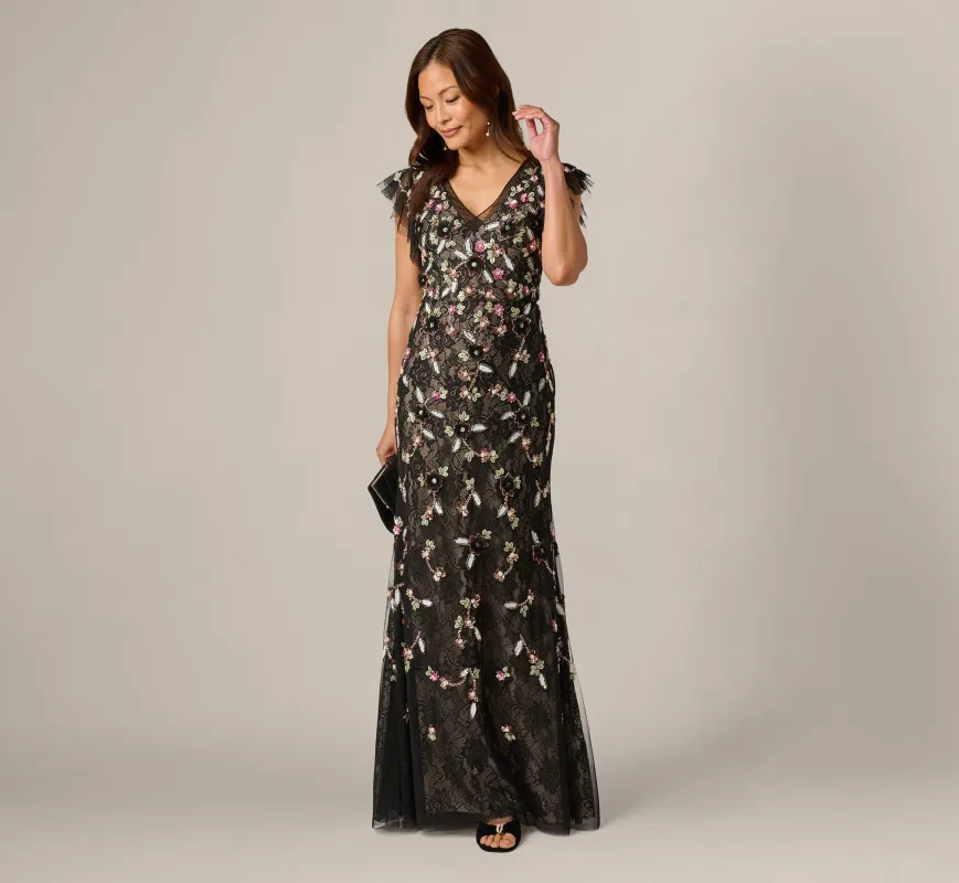 Flutter Sleeve Floral Sequin Beaded Lace Gown In Black Blush Multi made by Adrianna Papell