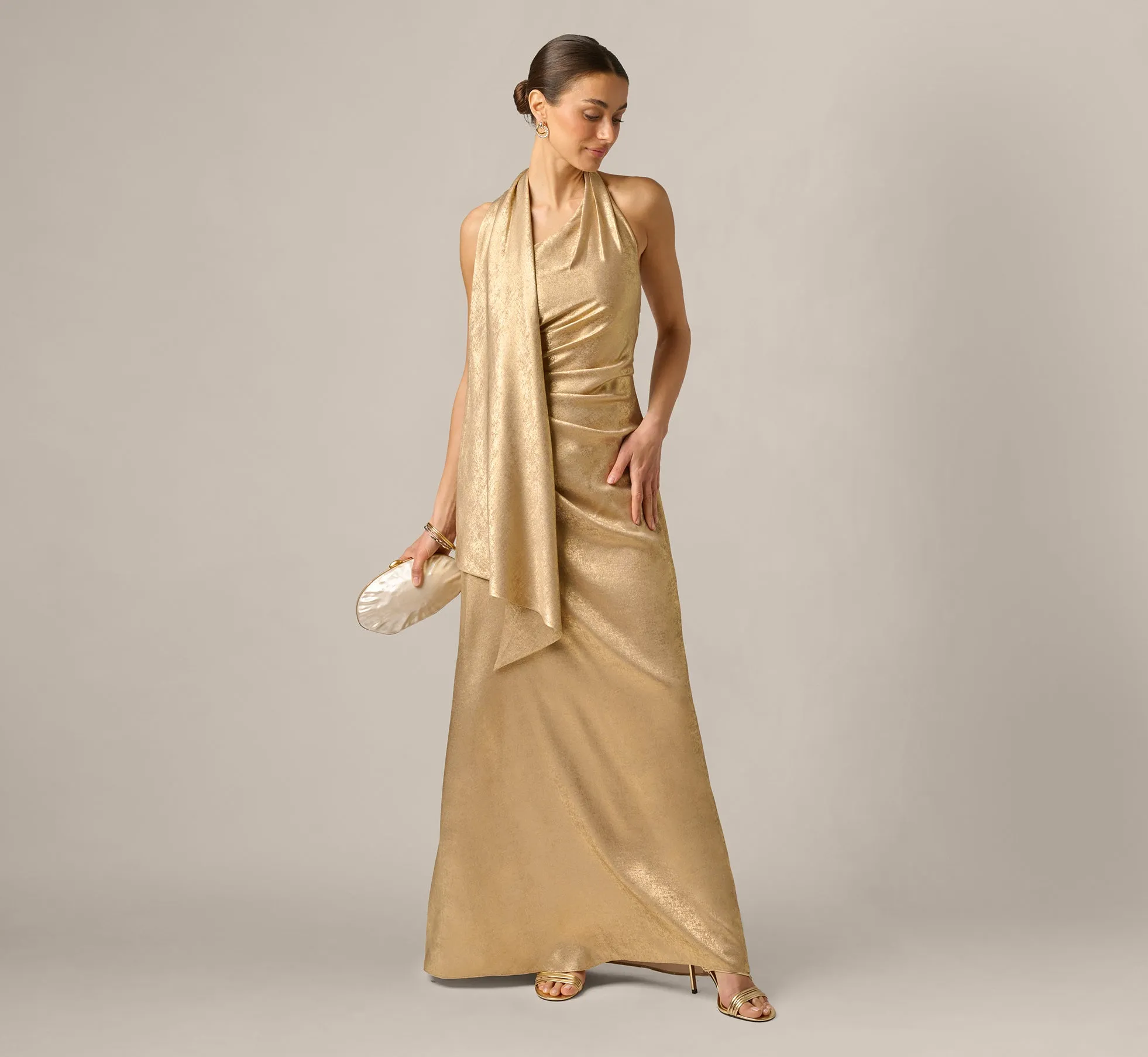 Foil Chiffon Scarf Halter Gown In Light Gold sold by Adrianna Papell