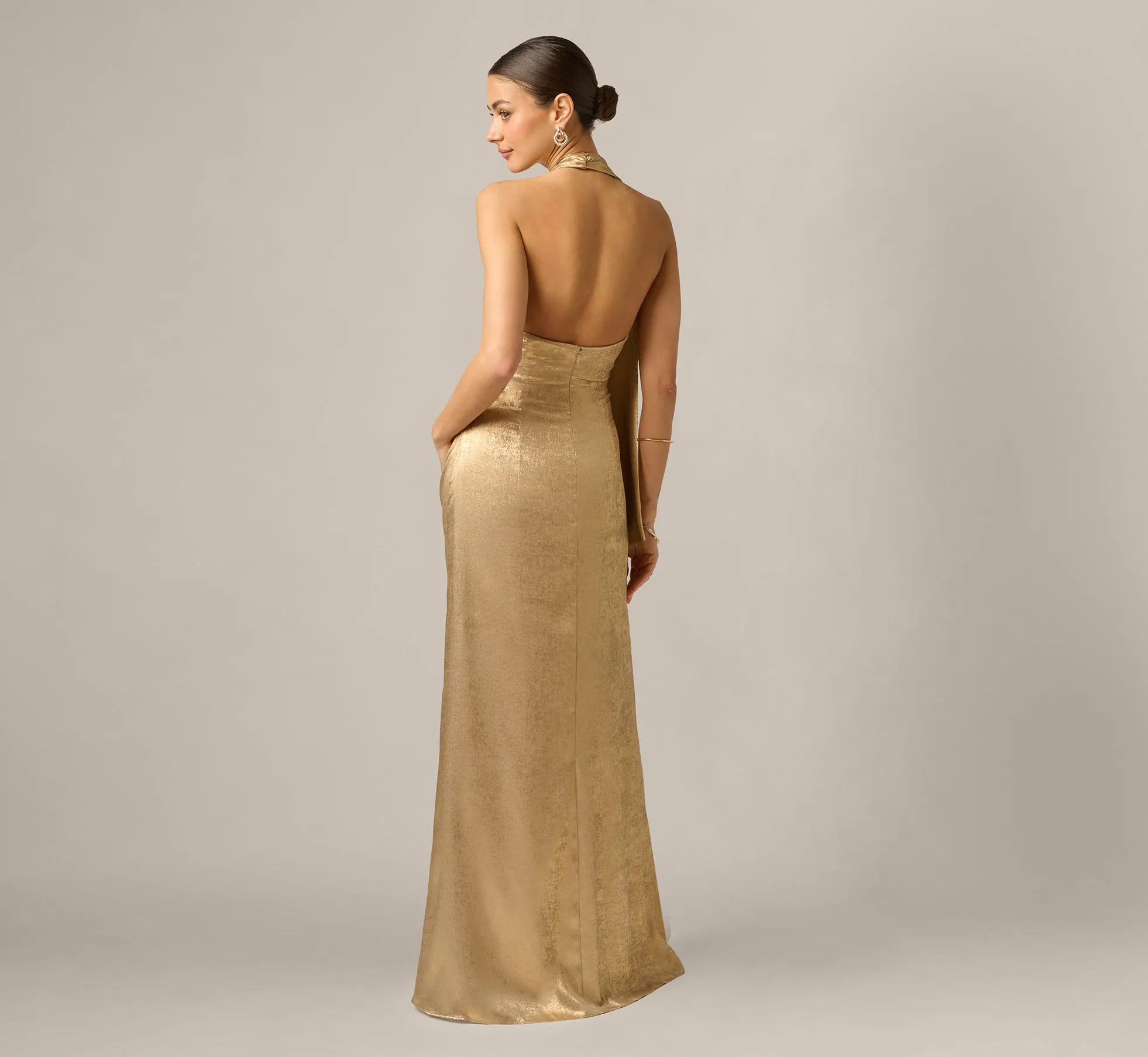 Foil Chiffon Scarf Halter Gown In Light Gold sold by Adrianna Papell product image thumbnail 5