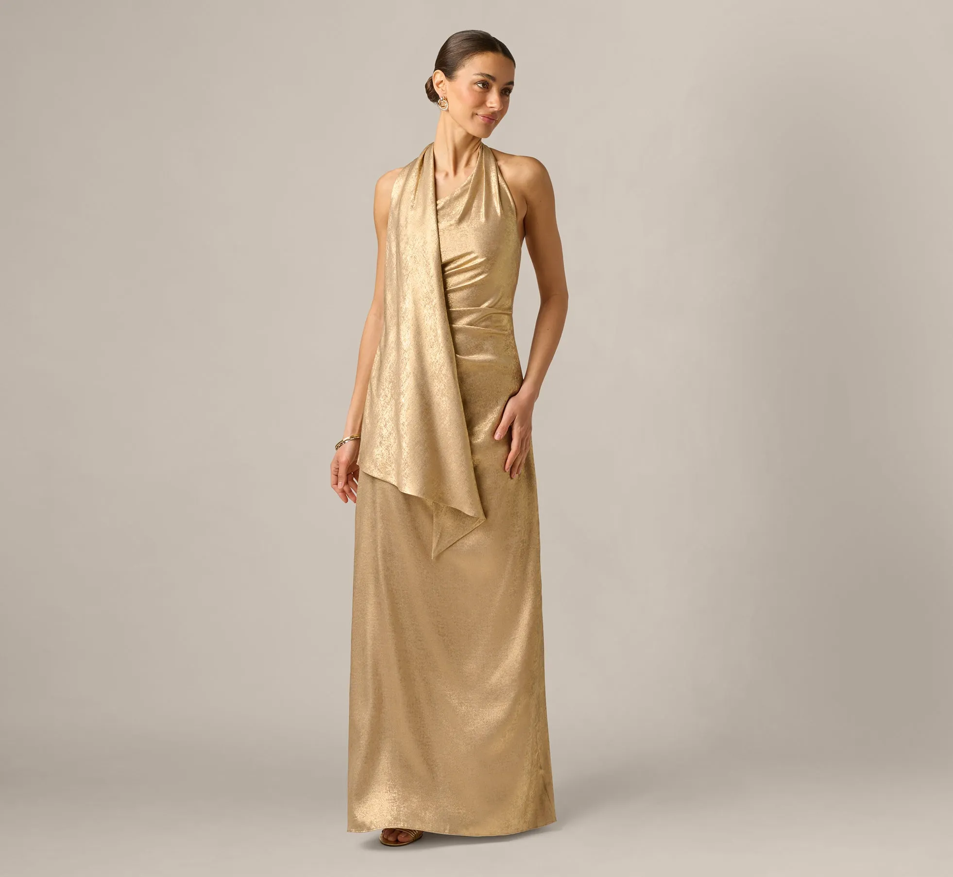 Foil Chiffon Scarf Halter Gown In Light Gold sold by Adrianna Papell product image thumbnail 2