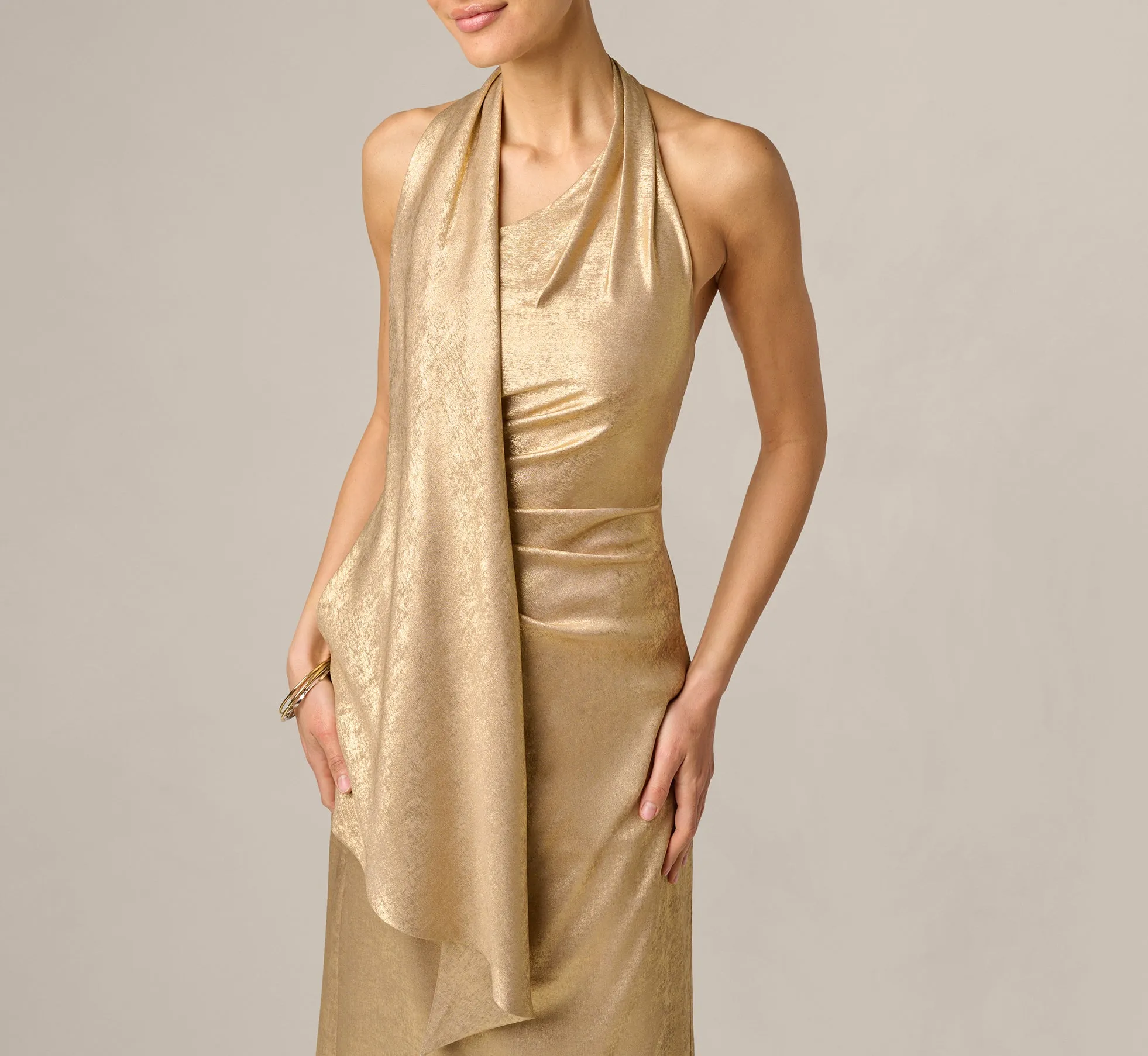 Foil Chiffon Scarf Halter Gown In Light Gold sold by Adrianna Papell product image thumbnail 3