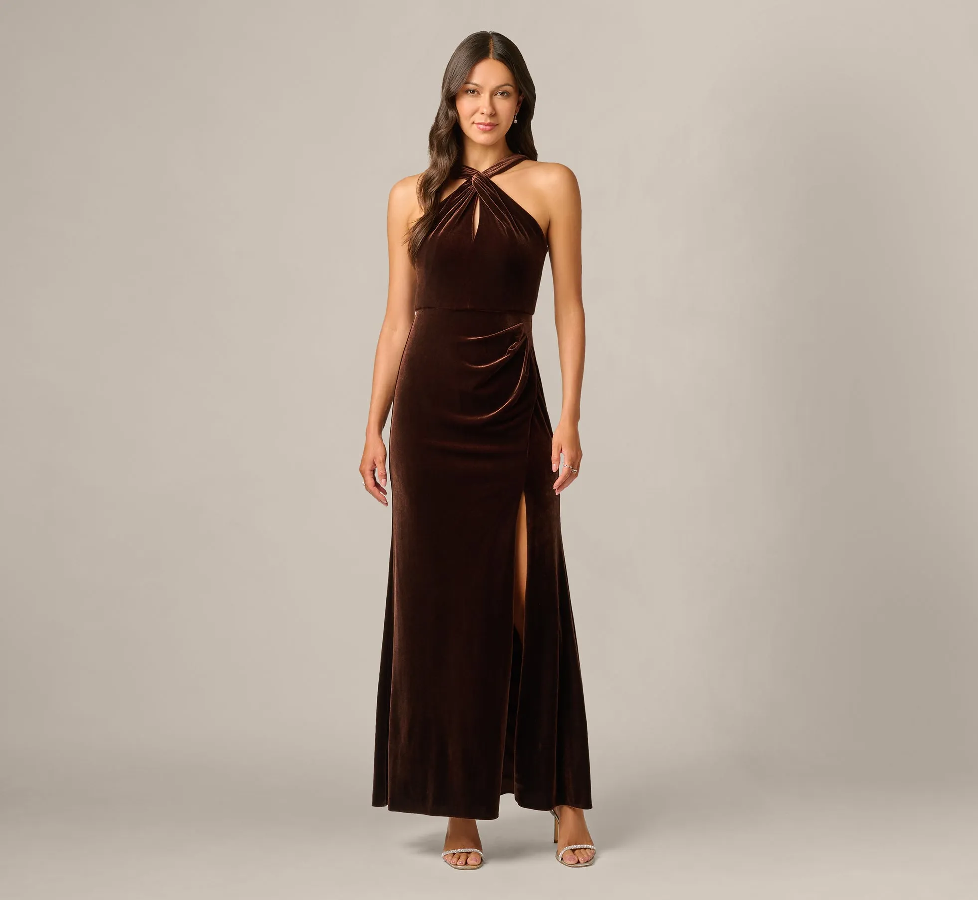 Velvet Keyhole Halter Mermaid Gown In Dark Brown sold by Adrianna Papell product image thumbnail 2
