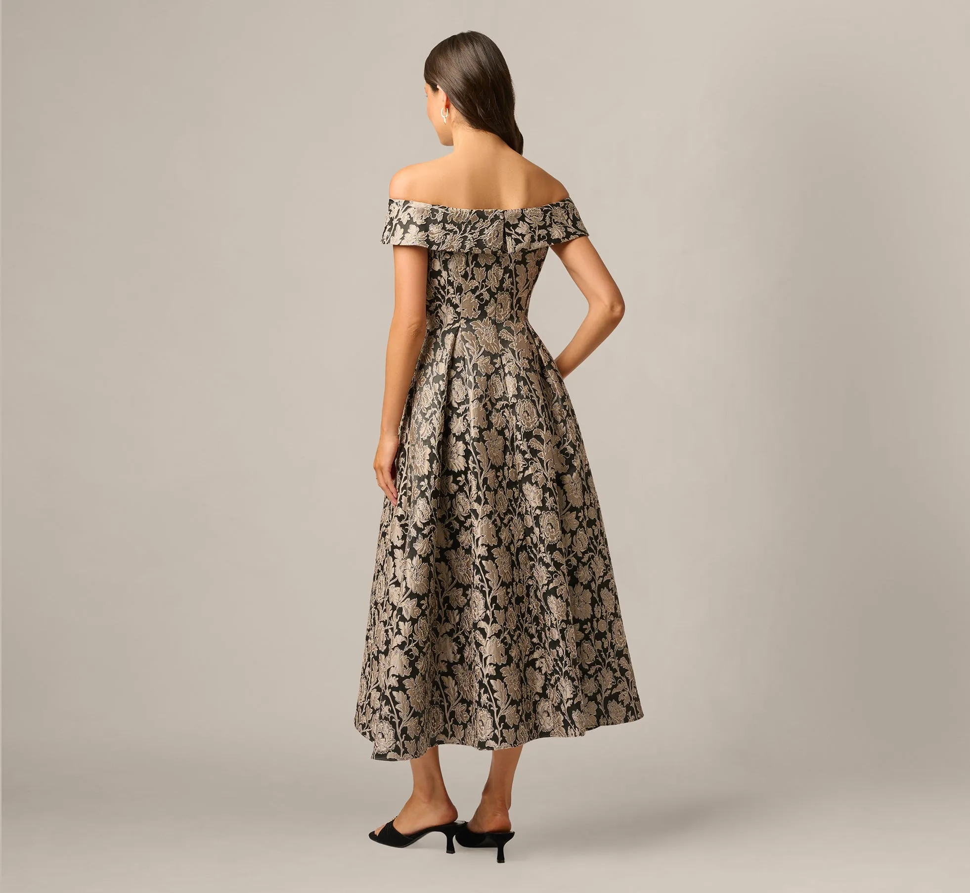 Off Shoulder Metallic Floral Jacquard Ankle Dress In Black Taupe sold by Adrianna Papell product image thumbnail 5