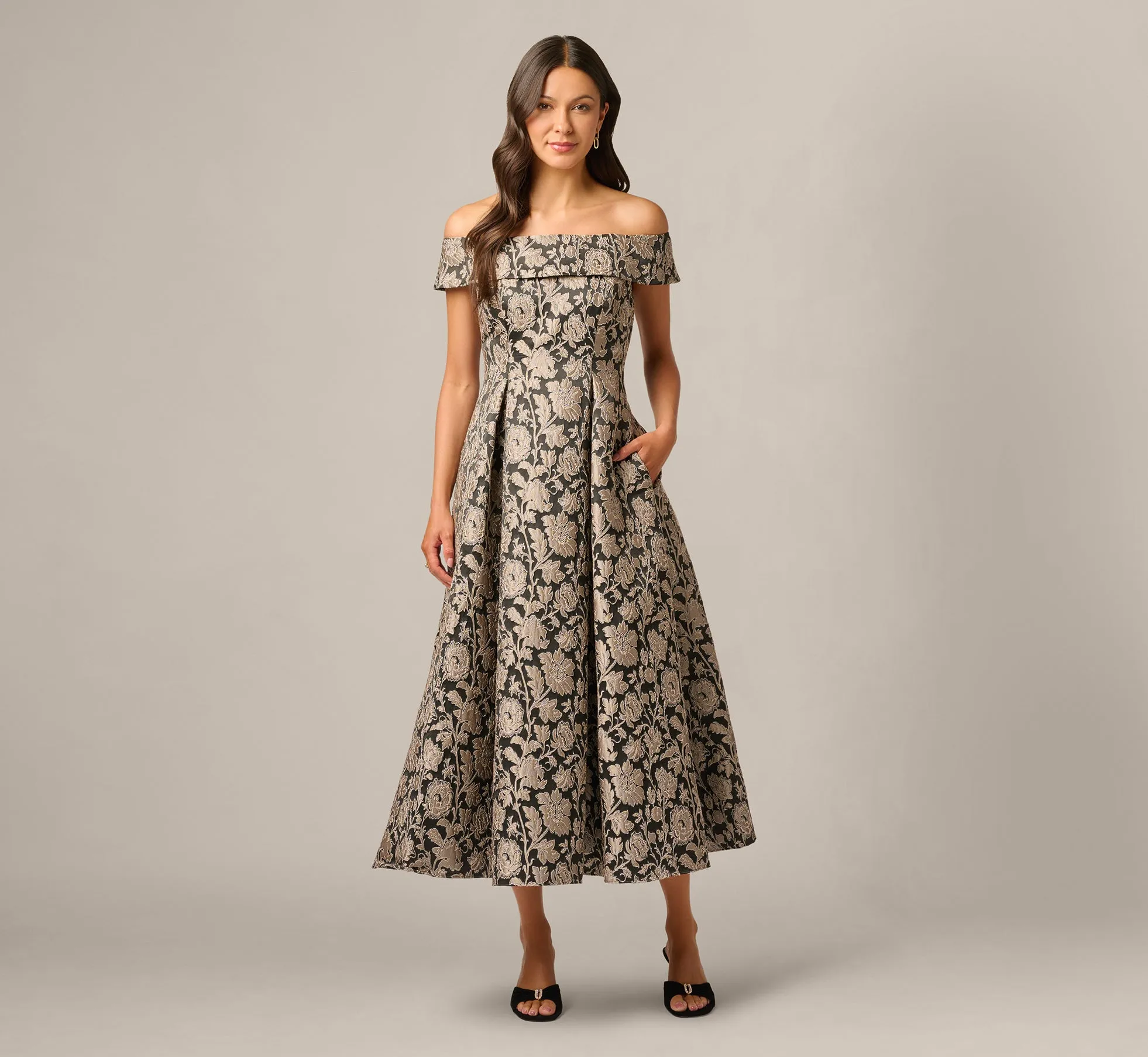 Off Shoulder Metallic Floral Jacquard Ankle Dress In Black Taupe sold by Adrianna Papell product image thumbnail 2
