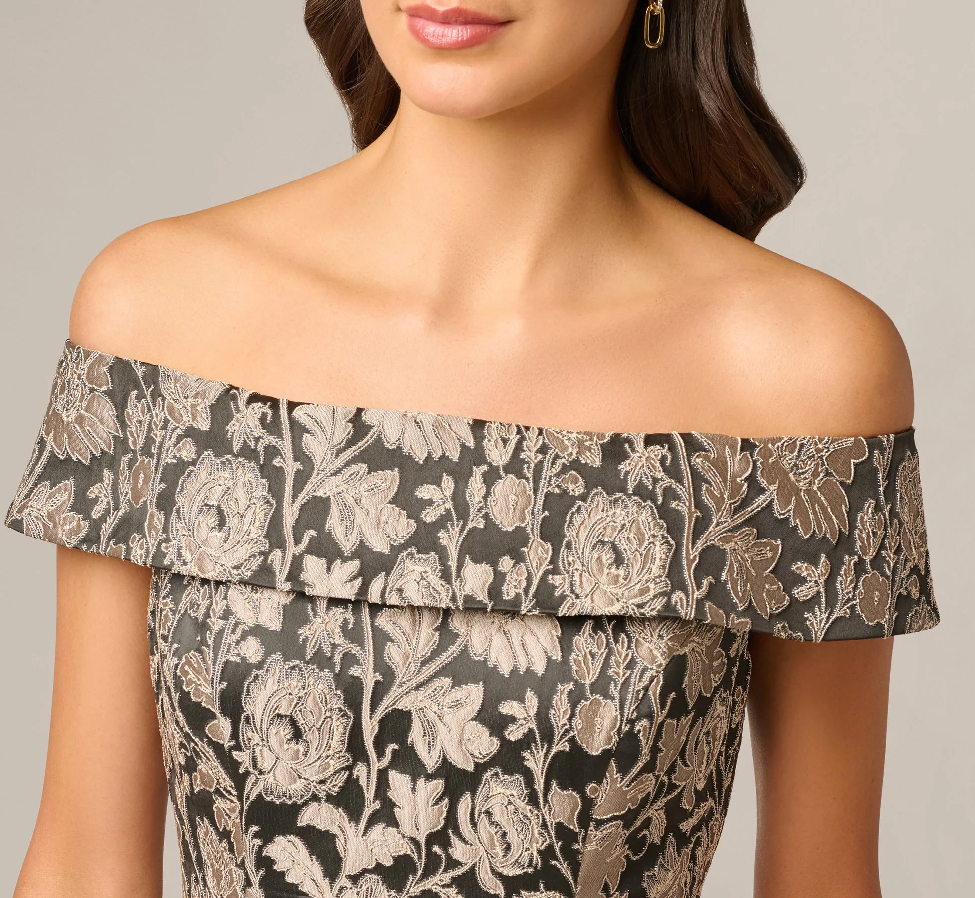 Off Shoulder Metallic Floral Jacquard Ankle Dress In Black Taupe sold by Adrianna Papell product image thumbnail 3