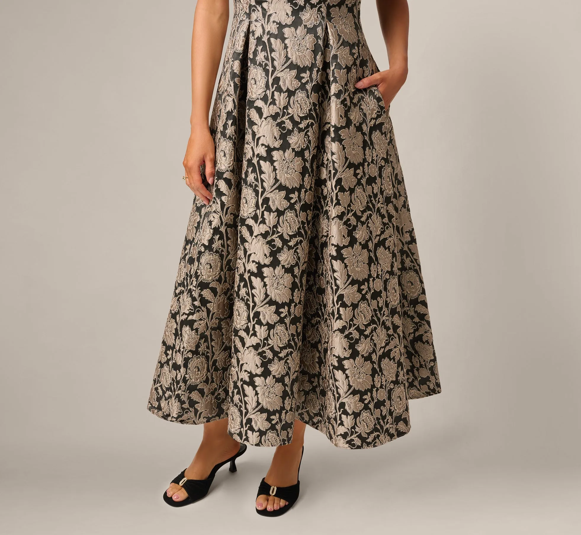 Off Shoulder Metallic Floral Jacquard Ankle Dress In Black Taupe sold by Adrianna Papell product image thumbnail 4