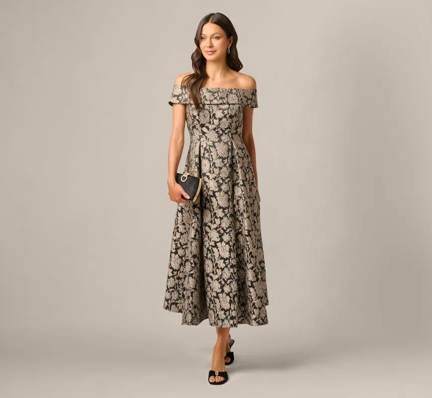 Off Shoulder Metallic Floral Jacquard Ankle Dress In Black Taupe made by Adrianna Papell