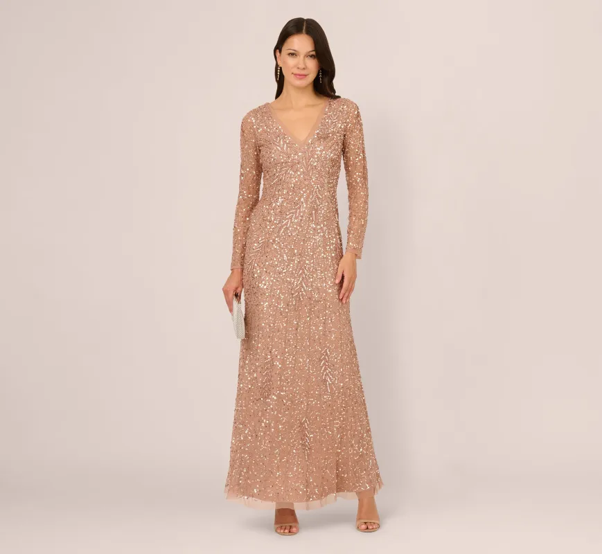 Petite Long Sleeve Beaded Full Length Dress In Rose Gold made by Adrianna Papell