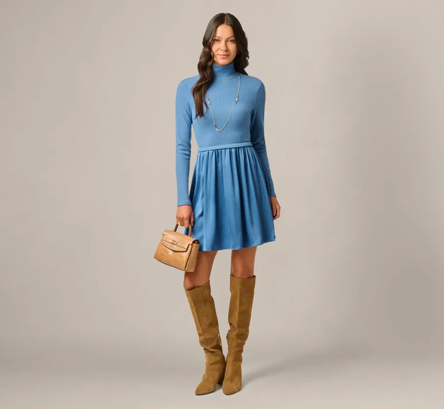 Long Sleeve Amelia Short Dress In Steel Blue made by Adrianna Papell