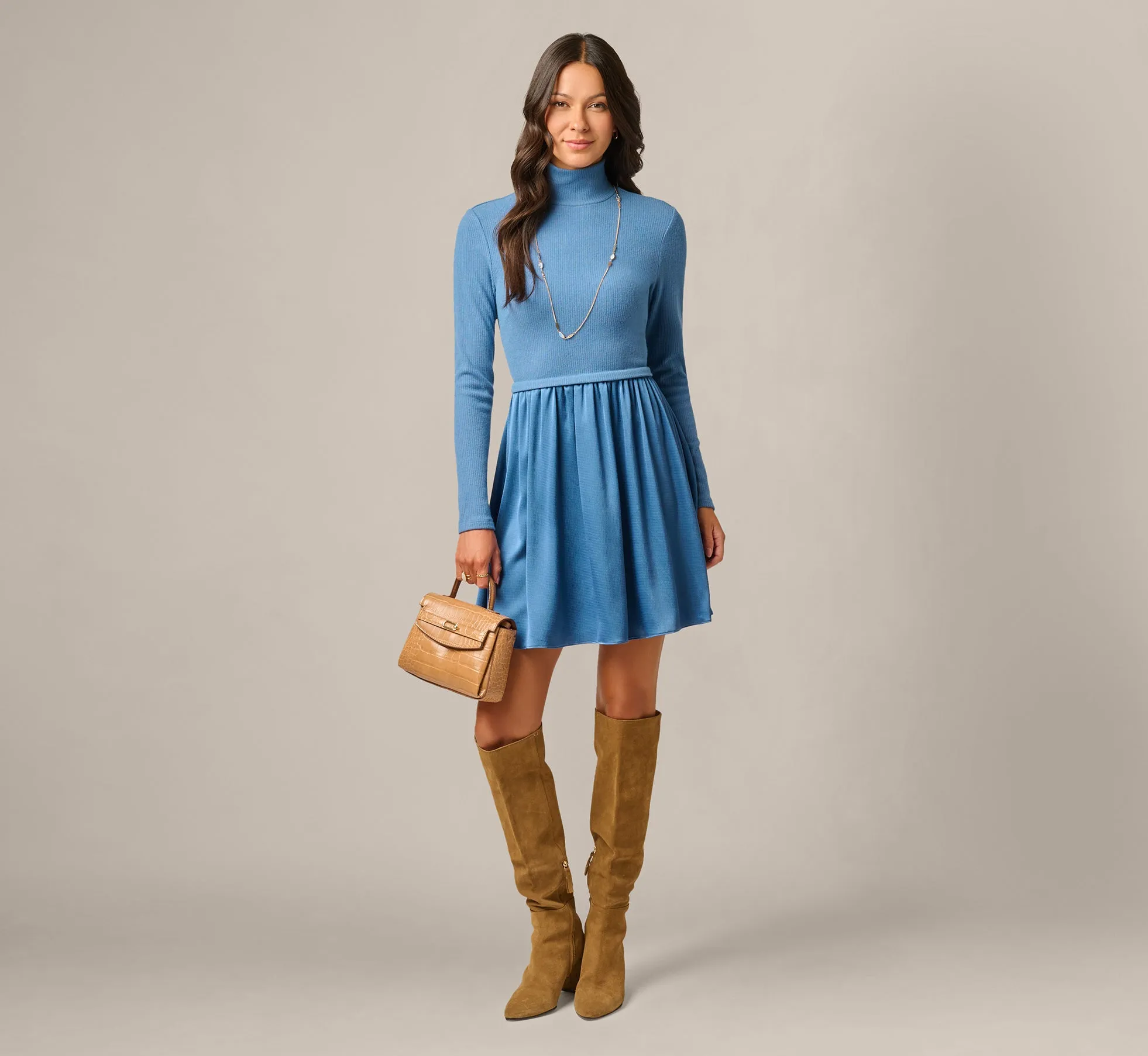 Long Sleeve Amelia Short Dress In Steel Blue sold by Adrianna Papell