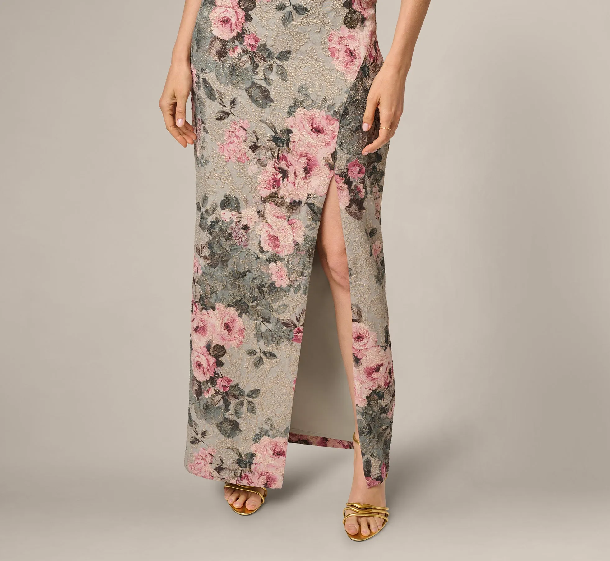 Strapless Floral Matelasse Column Gown In Slate Blush Multi sold by Adrianna Papell product image thumbnail 3