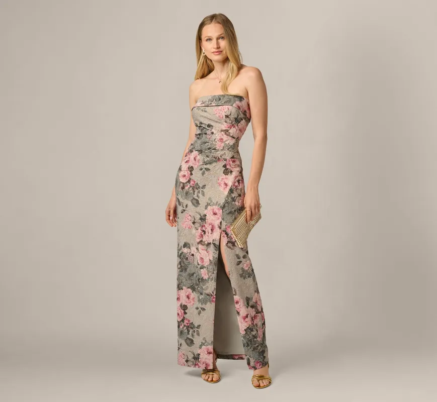Strapless Floral Matelasse Column Gown In Slate Blush Multi made by Adrianna Papell
