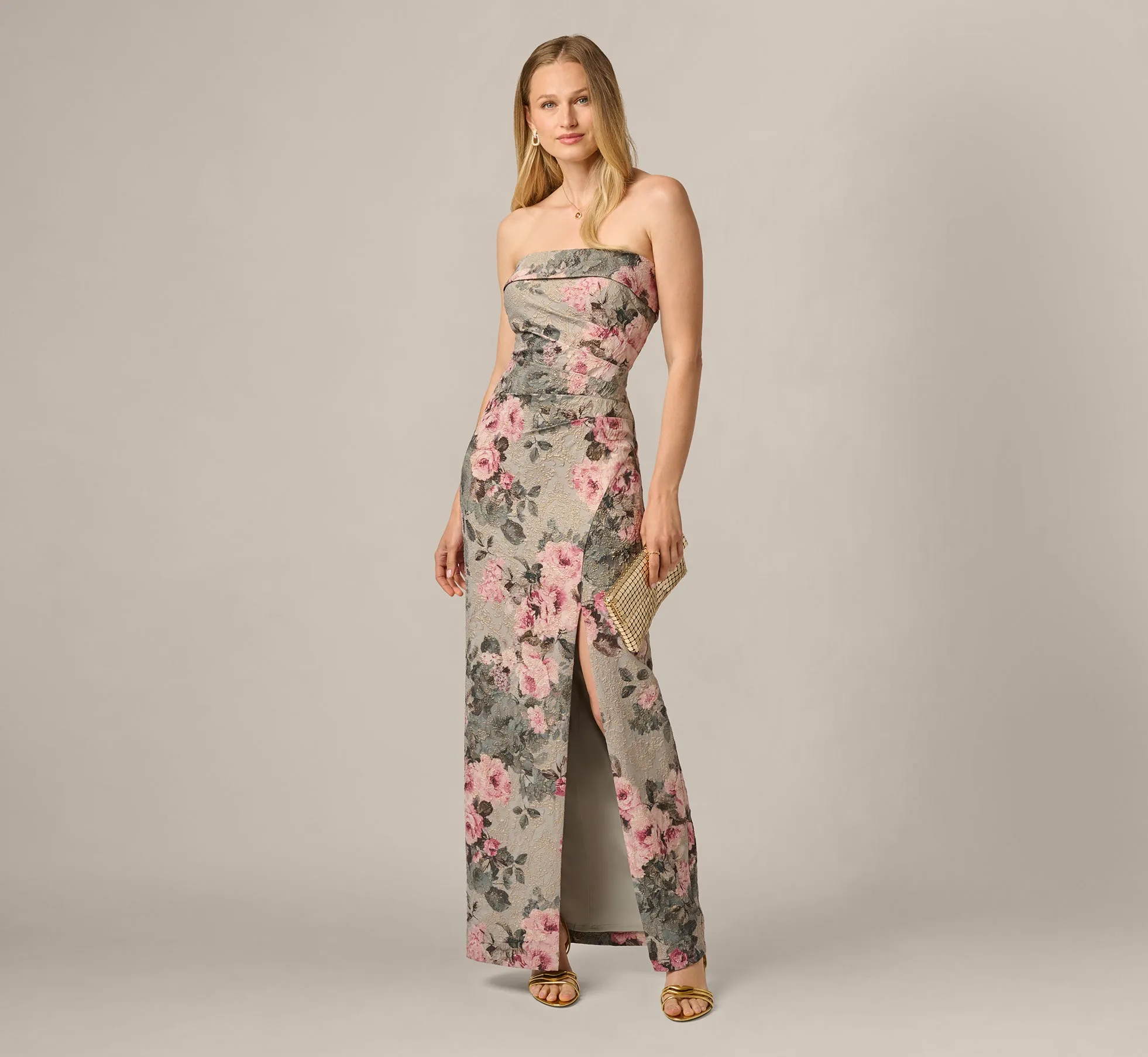 Strapless Floral Matelasse Column Gown In Slate Blush Multi sold by Adrianna Papell